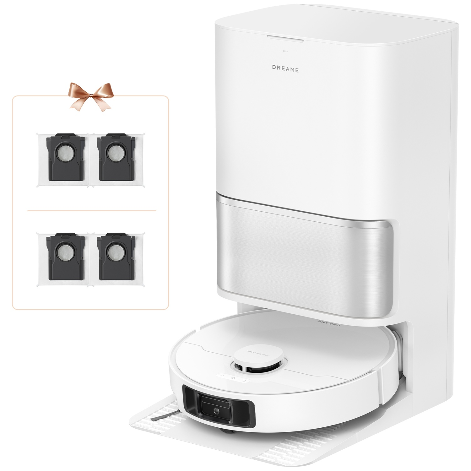 Un aspirateur robot blanc avec une station d'accueil et des sacs de rechange. La station a un accent argenté et la marque DREAME.