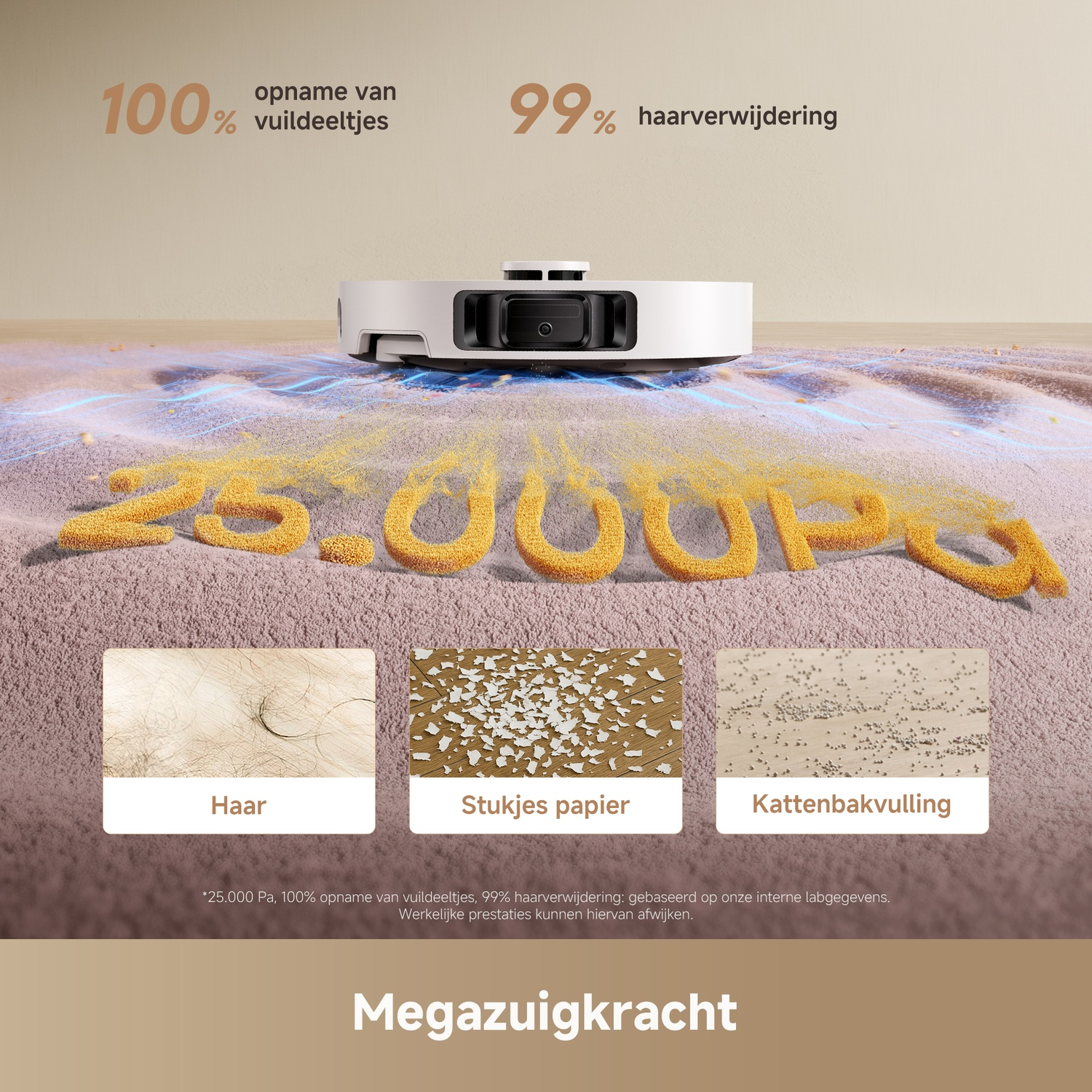 Een robotstofzuiger met tekst die 100% deeltjesopname en 99% haarverwijdering aangeeft, met voorbeelden van vuil.