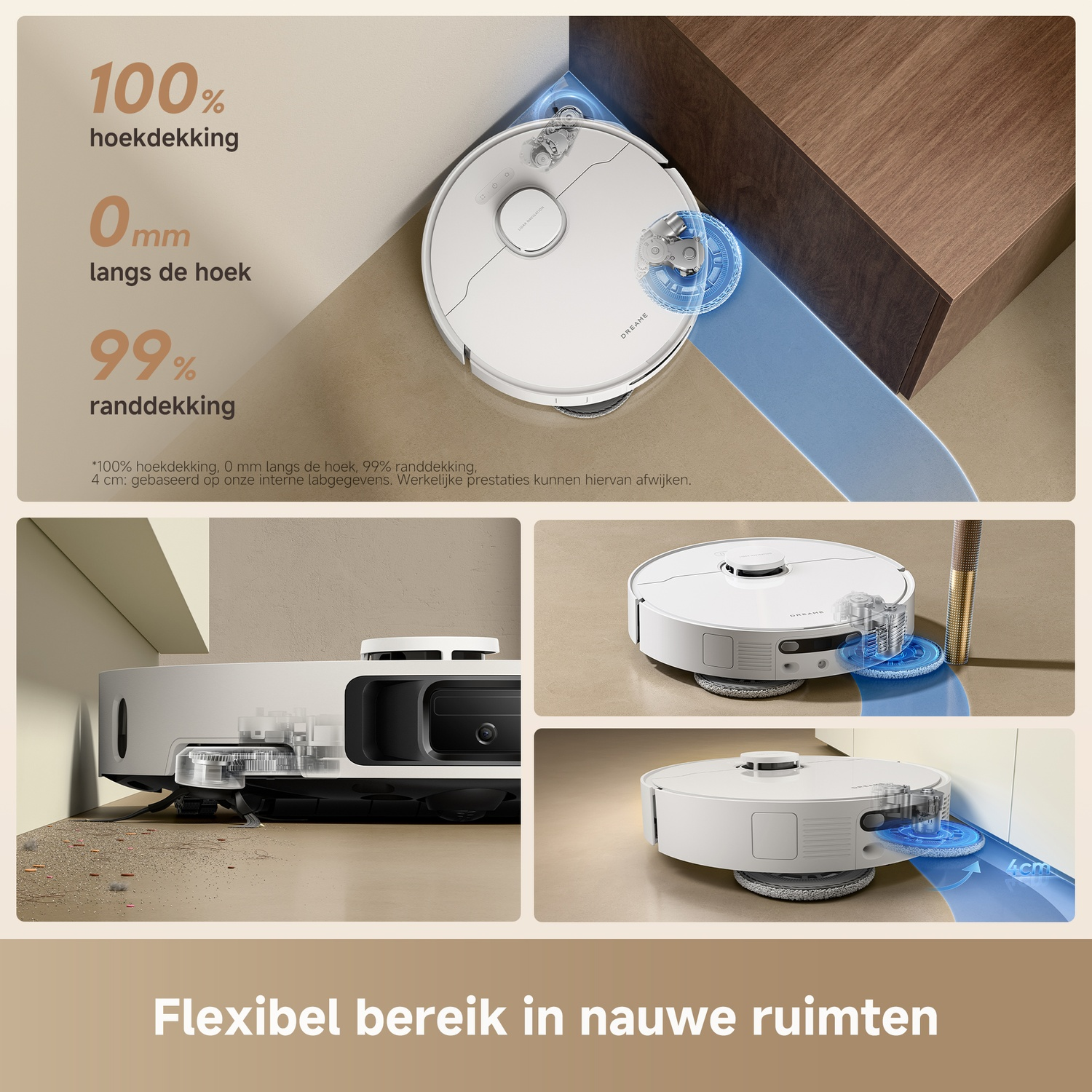 Een witte robotstofzuiger reinigt dicht bij randen en hoeken. Tekst toont dekkingspercentages en een verklaring over flexibel bereik.