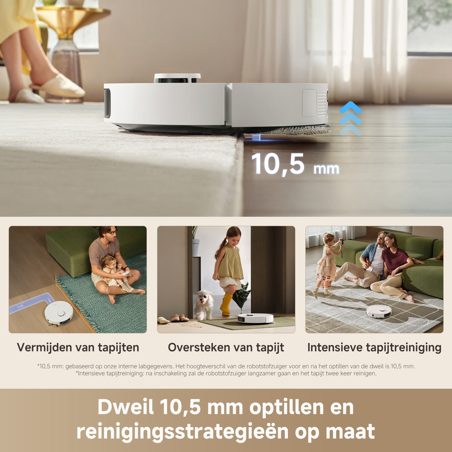 Een witte robotstofzuiger op een licht tapijt, met tekst over de functies. Kleine afbeeldingen tonen stofzuigen en gezinnen.