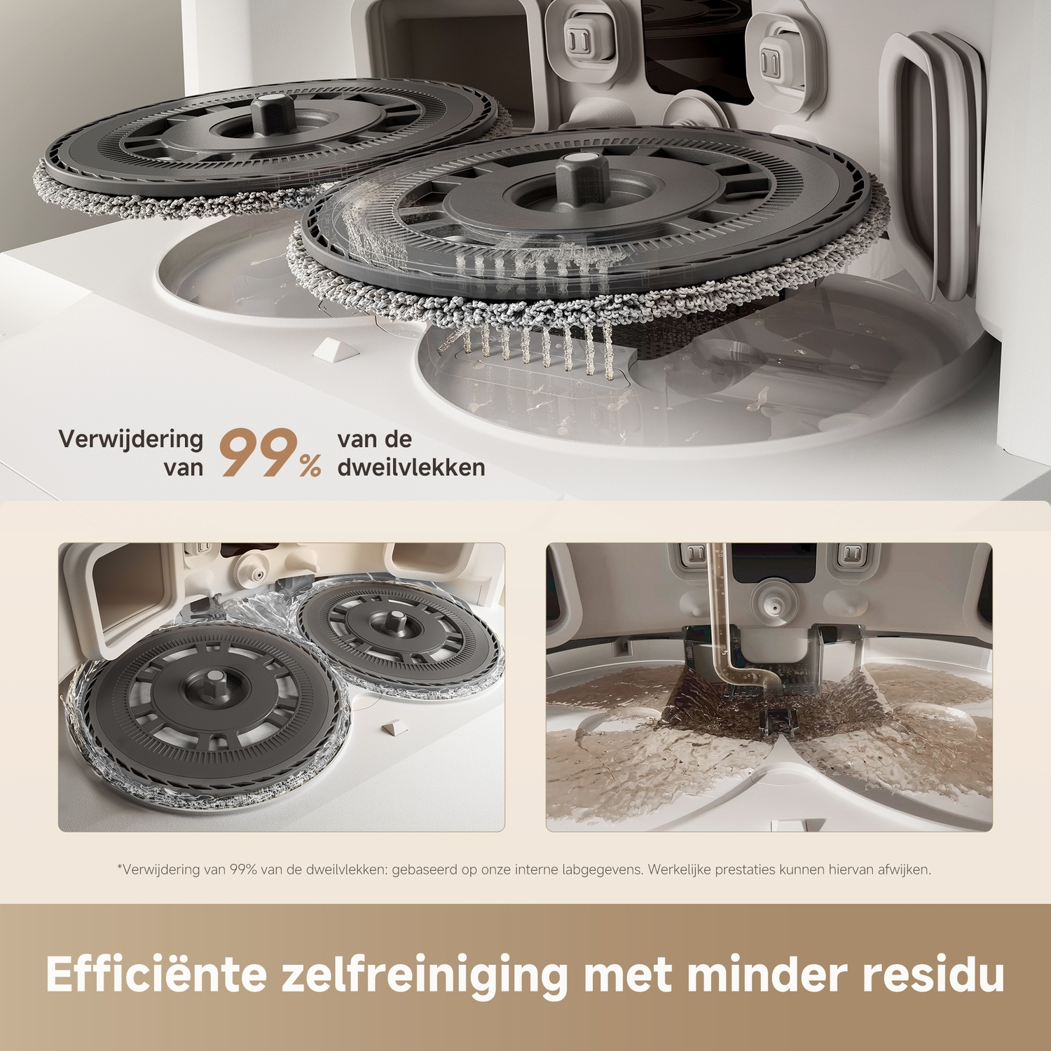 Afbeelding toont een reinigingsapparaat met twee roterende schijven. Tekst geeft 99% vlekverwijdering en efficiënte zelfreiniging aan.