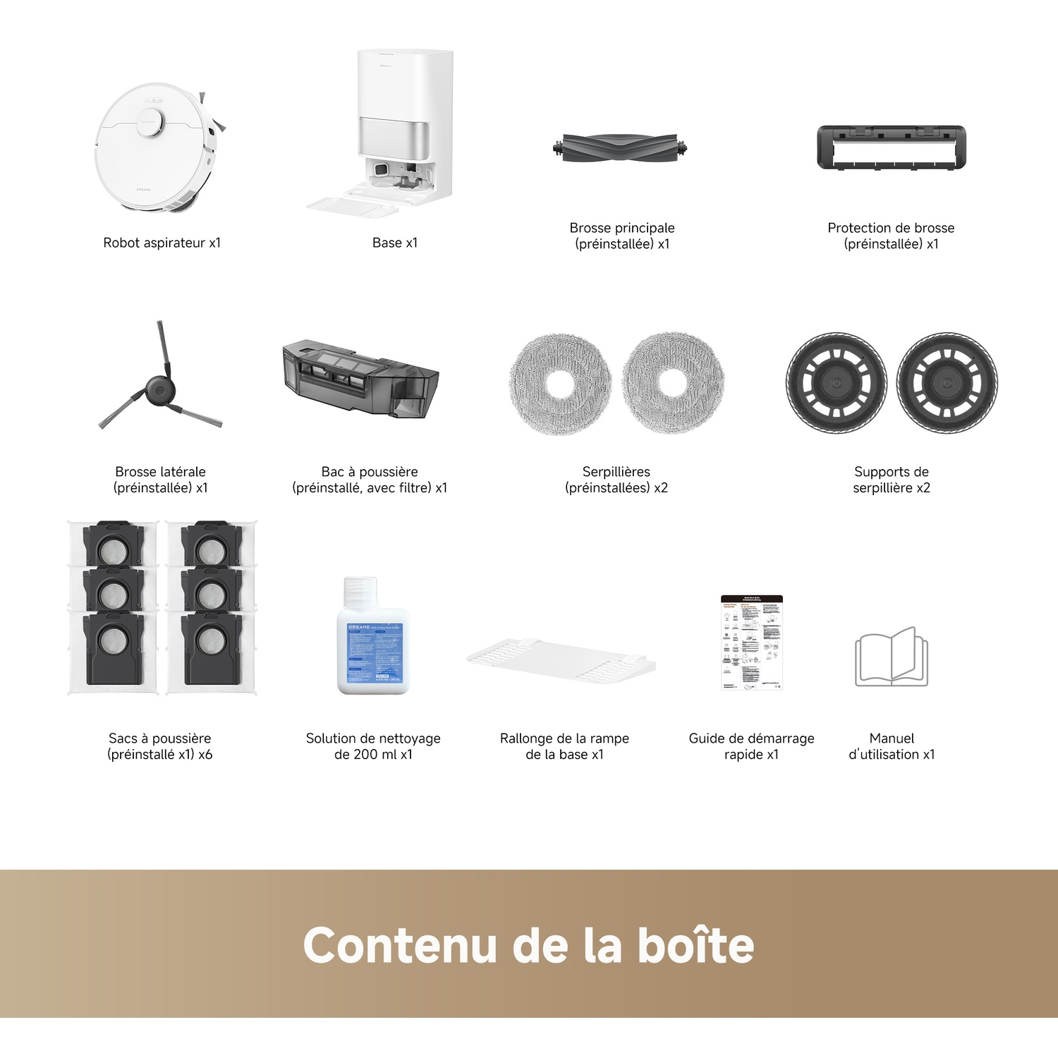 L'image présente les pièces d'un aspirateur robot : robot, base, brosses, sac à poussière, solution de nettoyage et manuel.