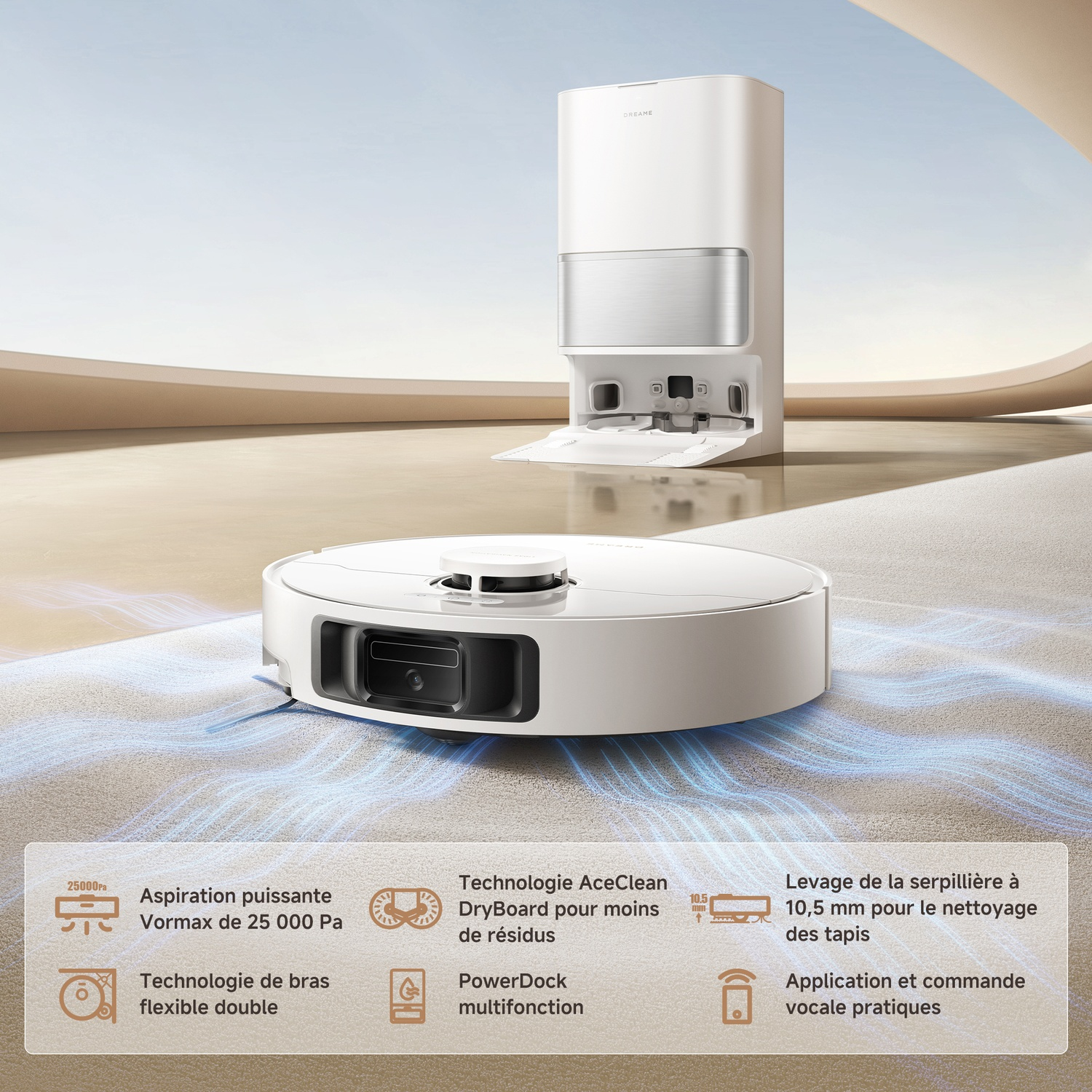 Un aspirateur robot blanc et une station de charge. L'aspirateur est sur un tapis avec un design de flux d'air bleu. Des étiquettes de texte sont présentes.