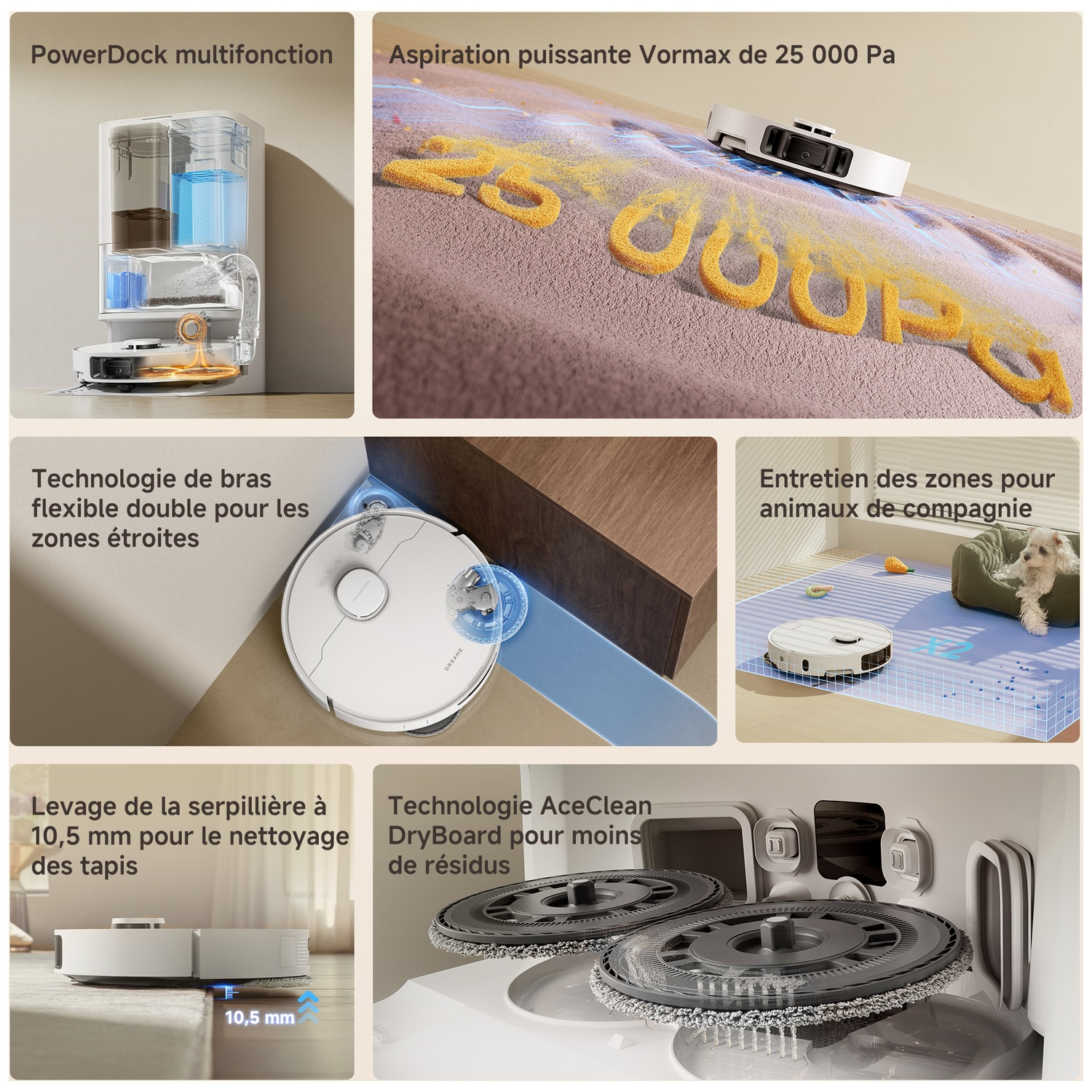 L'image présente un robot aspirateur avec des fonctionnalités telles que PowerDock, une forte aspiration et le nettoyage des zones pour animaux.