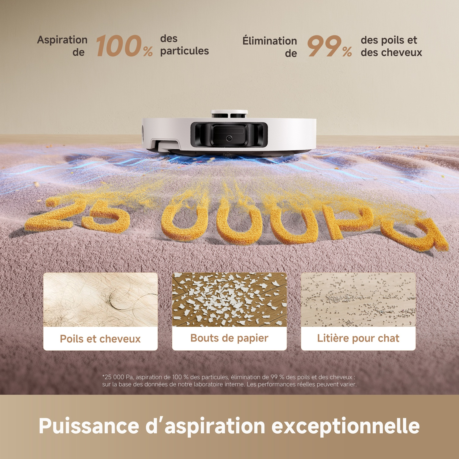 Un robot aspirateur blanc sur un tapis avec de la poussière. Le texte indique une aspiration à 100% des particules et 99% des cheveux.