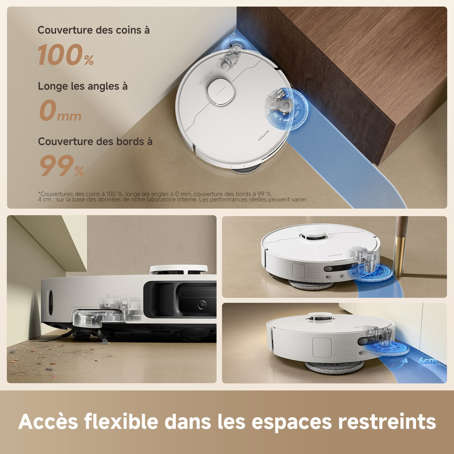 Un aspirateur robot blanc nettoie un coin. Le texte indique une couverture à 100% des coins, 0 mm le long des angles, et 99% des bords.