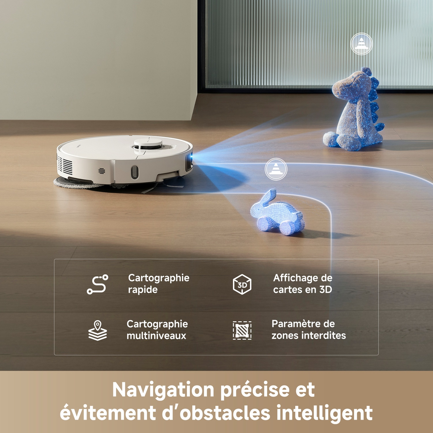 Un aspirateur robot blanc sur un sol en bois. Un dinosaure bleu et un lapin jouet sont en arrière-plan, avec des icônes de carte 3D.