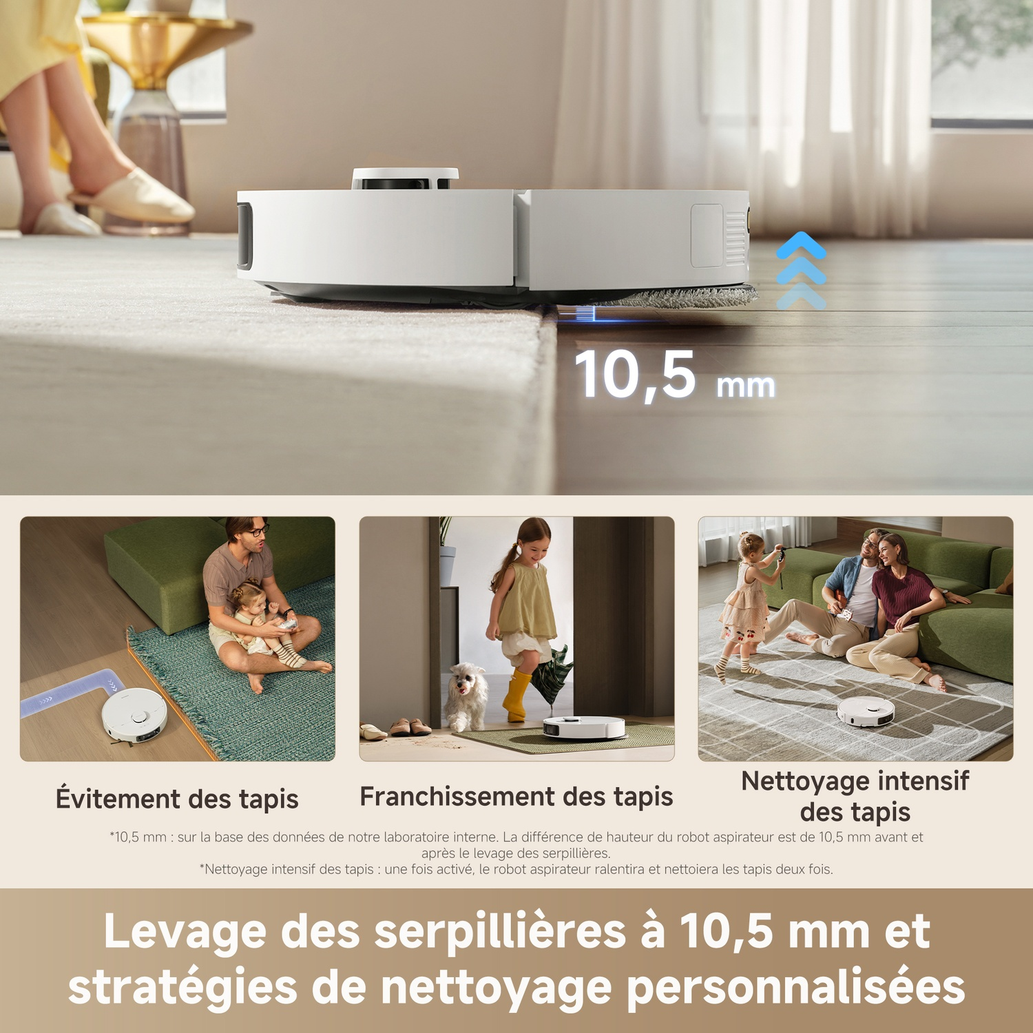 Un aspirateur robot sur un tapis avec plusieurs illustrations montrant ses caractéristiques et fonctions.
