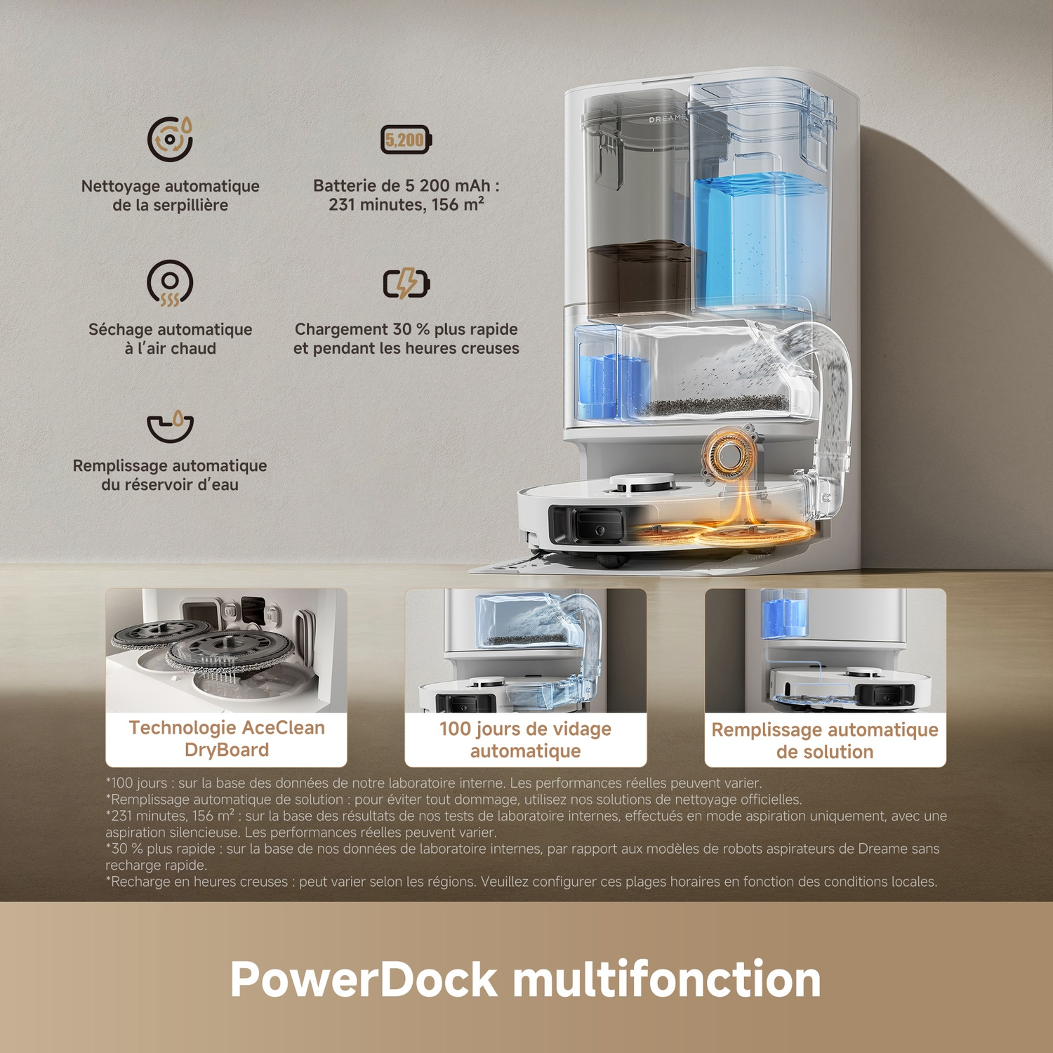 Une illustration montrant un PowerDock avec plusieurs fonctionnalités, notamment le nettoyage et le séchage automatiques, et une grande batterie.