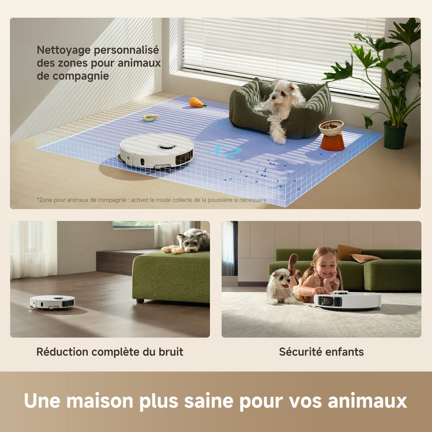 Un aspirateur robot nettoie une zone pour animaux de compagnie. Un chien est sur un lit et un enfant interagit avec l'aspirateur.