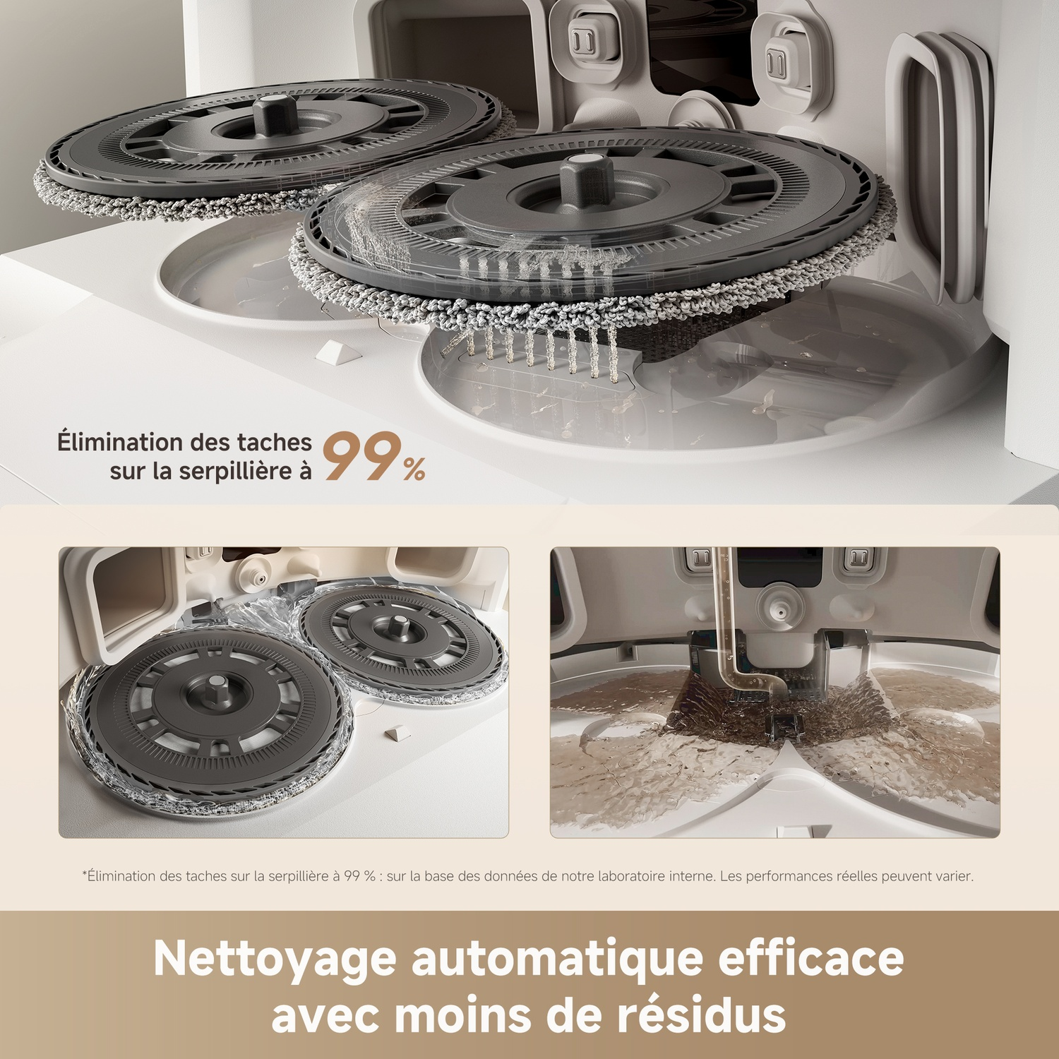 Un appareil de nettoyage automatique. Montre deux tampons de nettoyage rotatifs. Le texte indique une élimination des taches à 99 %. Comprend un texte sur le nettoyage automatique.