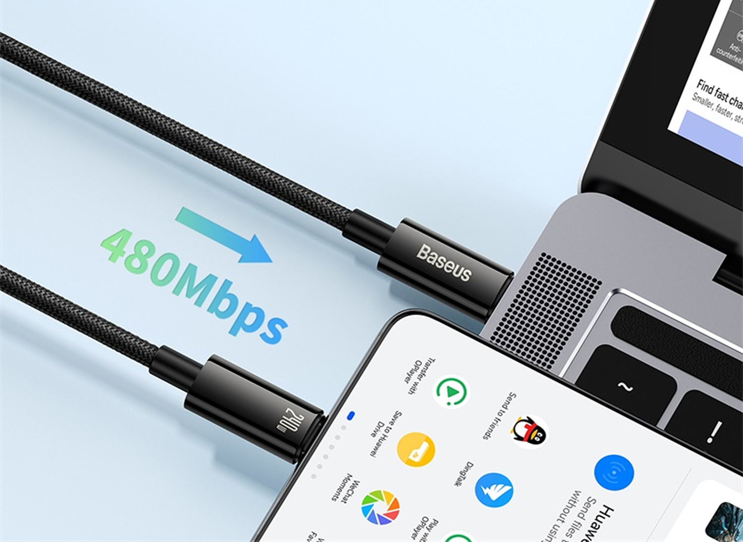 Un cable USB-C negro conecta un teléfono y una laptop. El teléfono muestra iconos de aplicaciones. Texto '480Mbps' y el logo Baseus visibles.