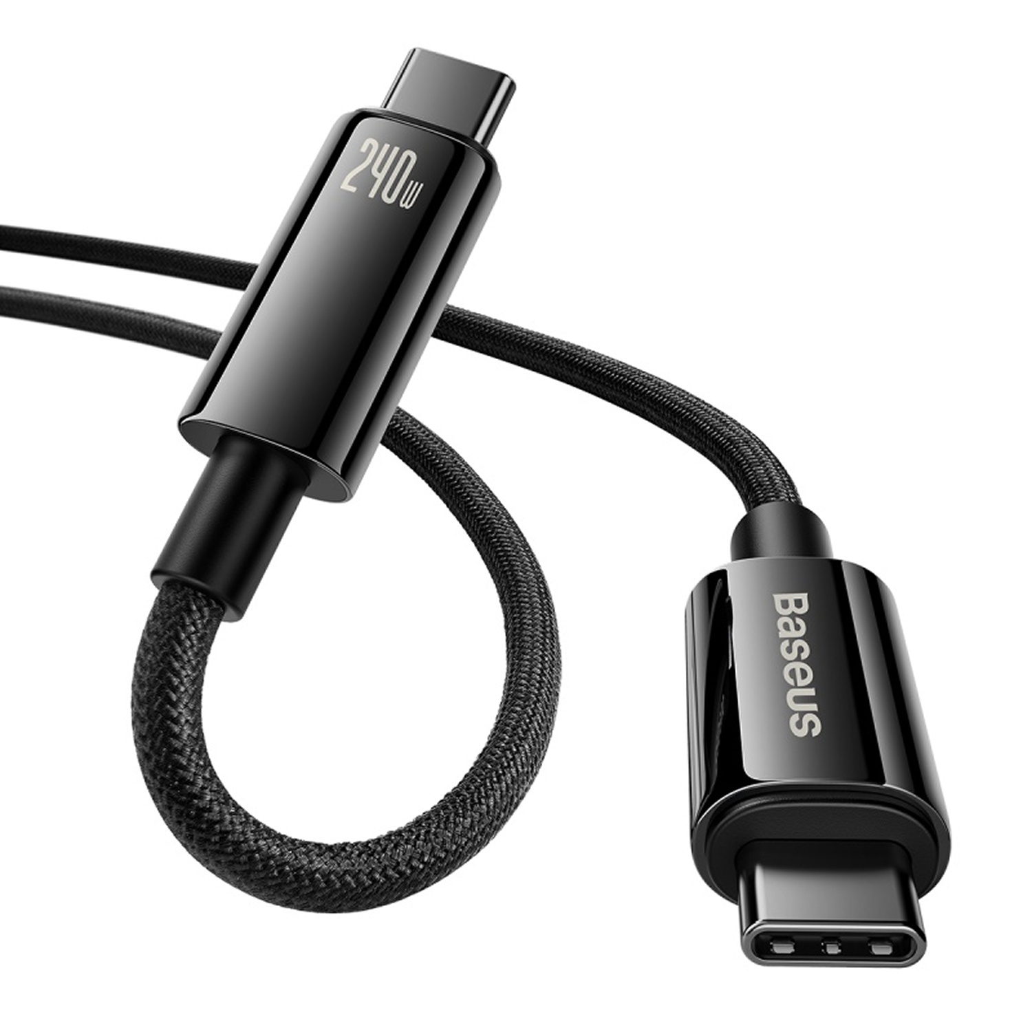 Cable USB-C negro con inscripción de 240W. Un extremo tiene el logotipo de Baseus, el otro un conector USB-C. Cable trenzado.