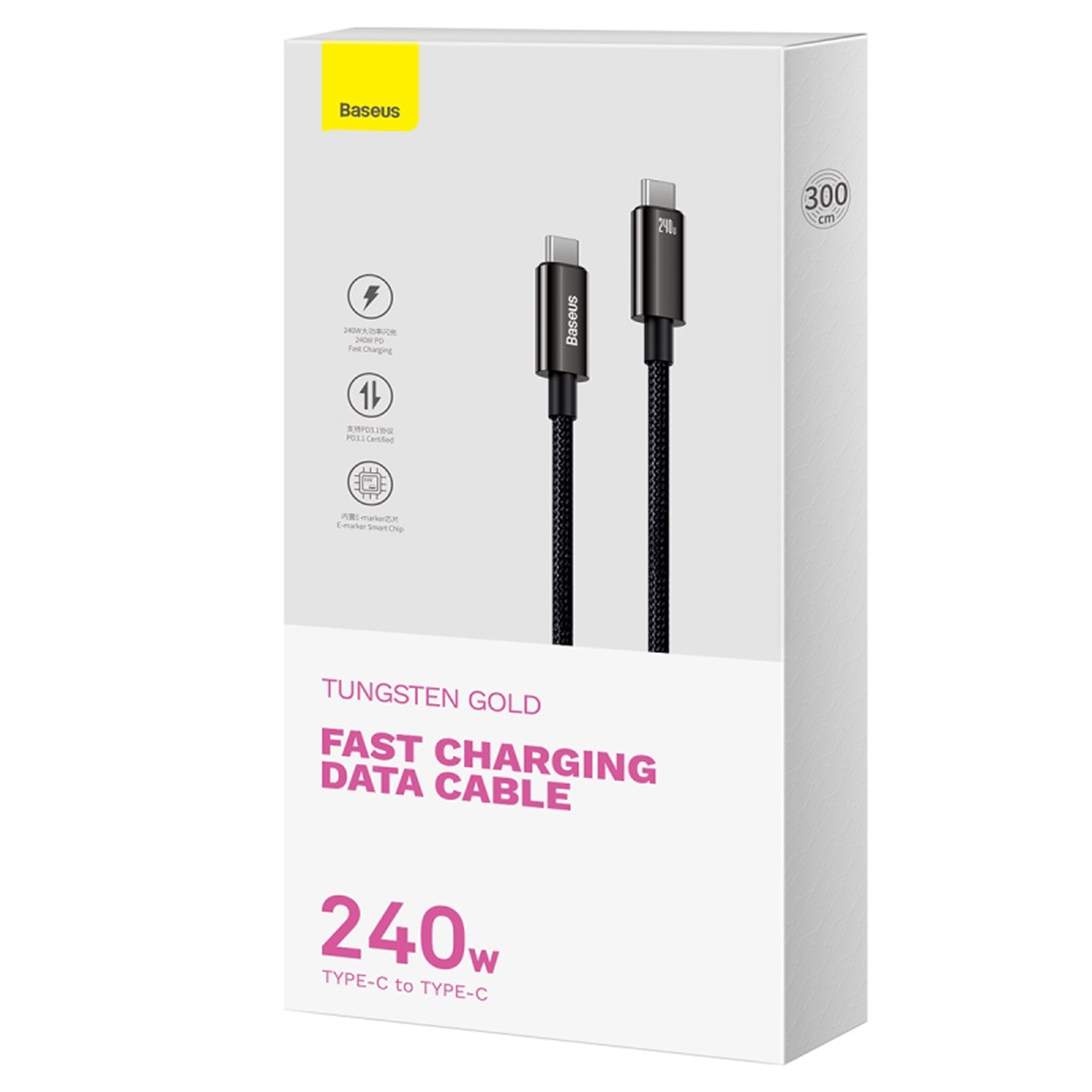 Una caja blanca con un cable de carga negro. El texto dice 'Fast Charging Data Cable' y '240W'. La marca es Baseus.