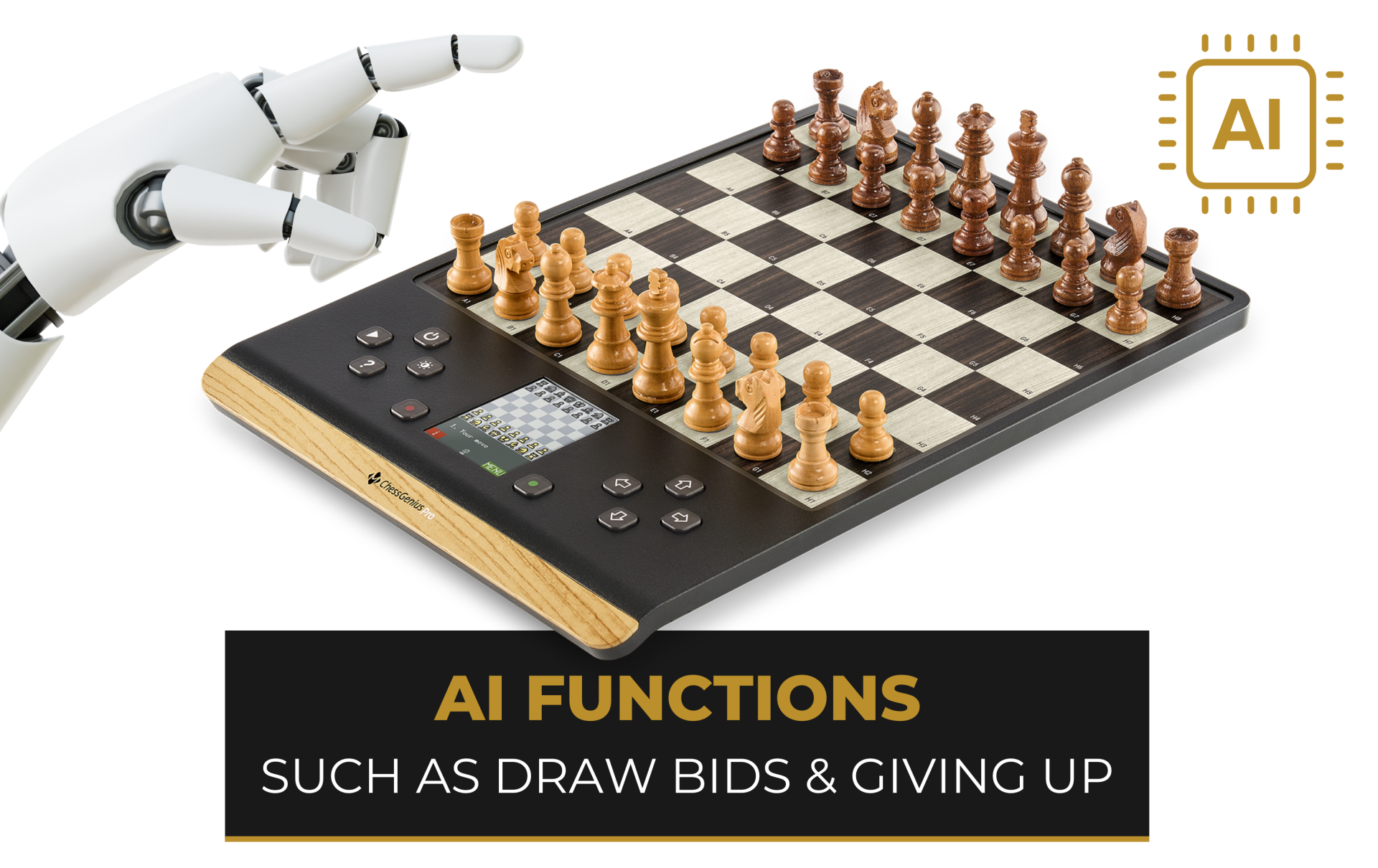 Échiquier avec pièces et main robotique. L'écran affiche 'Your move'. Le texte dit 'Fonctions IA telles que propositions de nul et abandon'.