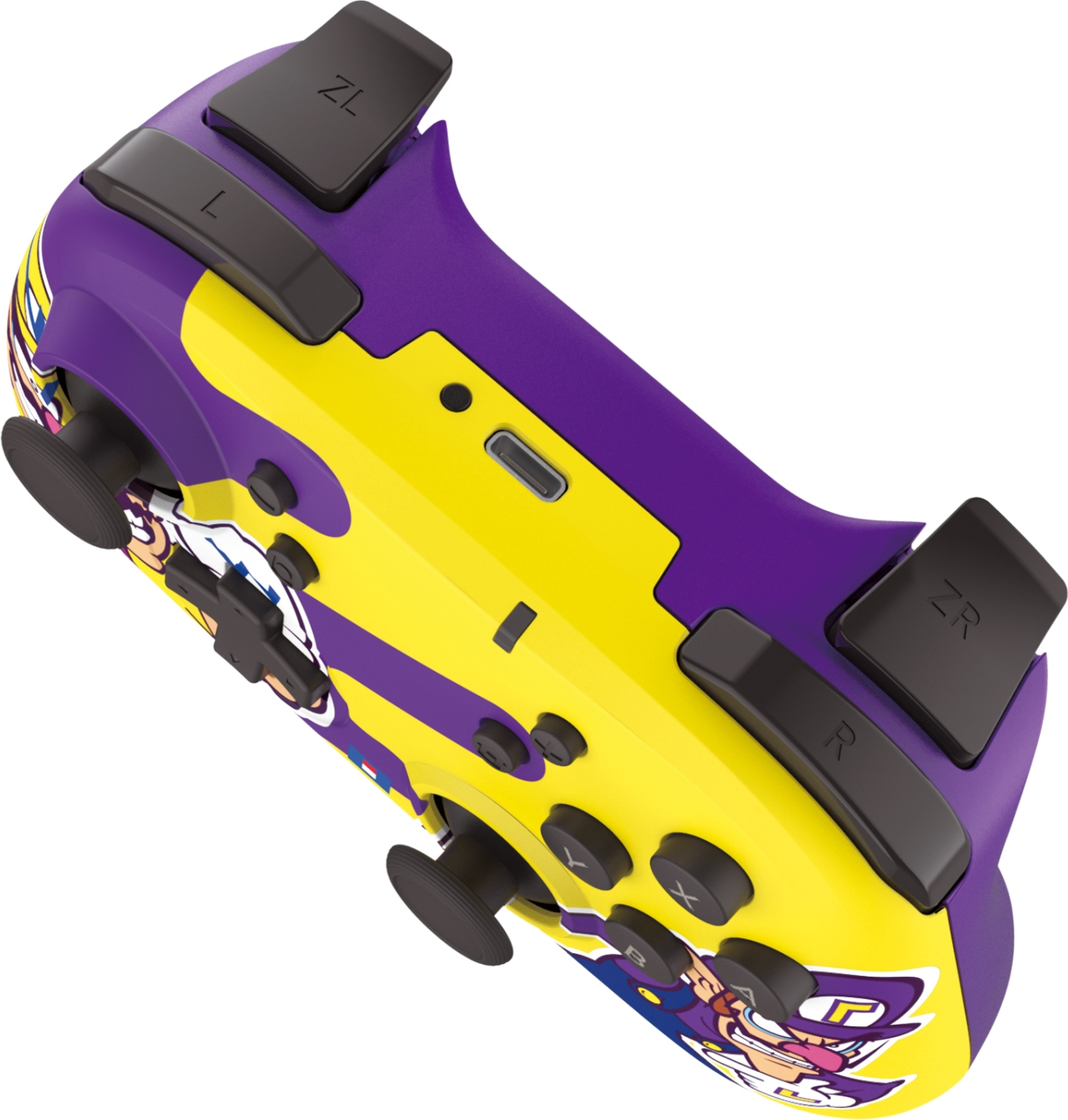 Un controller Nintendo Switch viola e giallo con pulsanti neri. Presenta un personaggio dei cartoni animati e le lettere ZL, ZR, L e R.