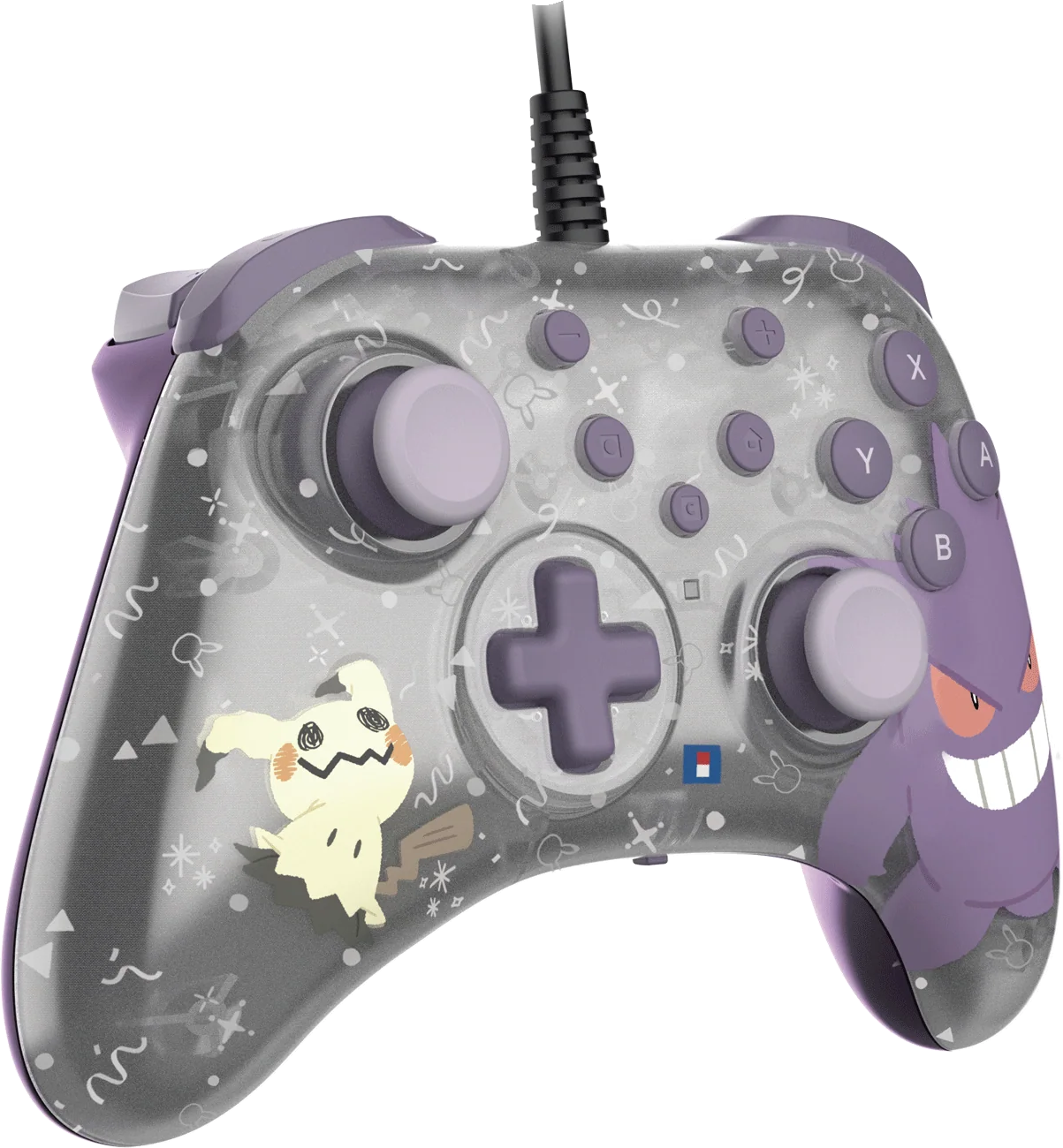 Ein durchsichtiger, lila akzentuierter Videospiel-Controller mit Mimikyu- und Gengar-Grafiken. Mit Tasten, D-Pad und Analog-Sticks. Ein schwarzes Kabel.