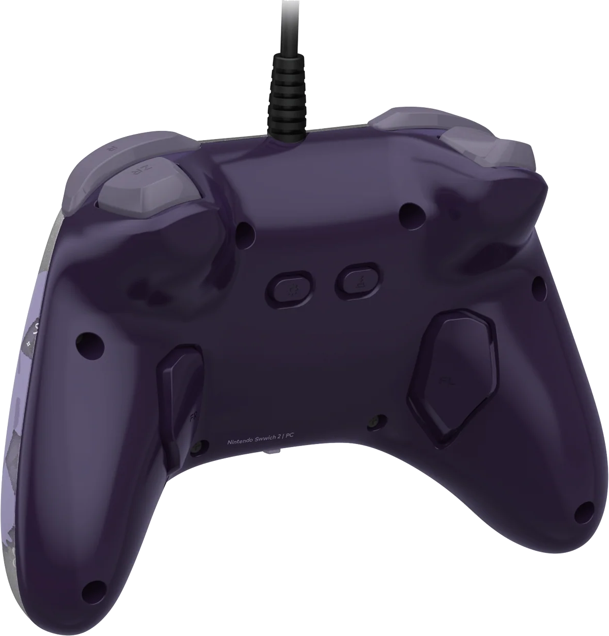 Rückseite eines lila Nintendo Switch Controllers. Graue Knöpfe, ein schwarzes Kabel und das Nintendo Switch Logo sind zu sehen.
