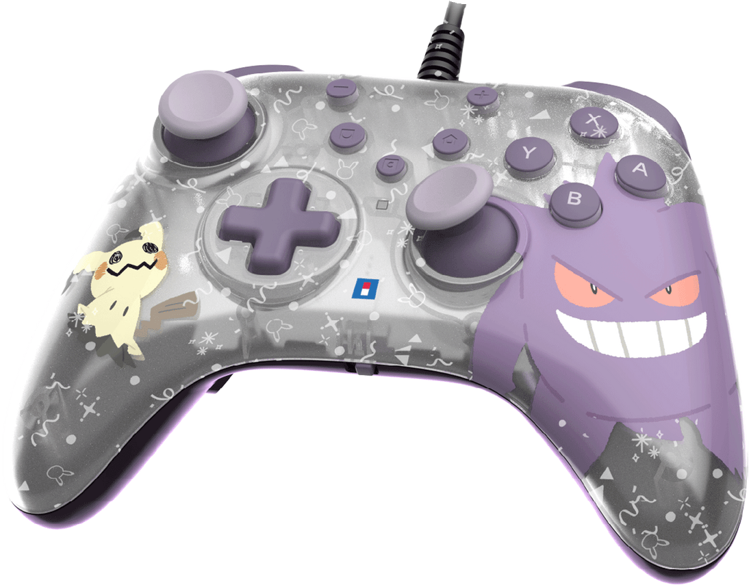 Ein Spielcontroller im Pokemon-Design mit Mimikyu- und Gengar-Grafiken. Der Controller ist lila und grau mit beschrifteten Knöpfen.