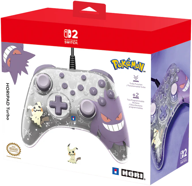 Eine Pokemon-Controller-Box für Nintendo Switch. Sie zeigt ein lila Gengar-Design und Mimikyu. Die Box ist rot und weiß mit dem Nintendo Switch-Logo.
