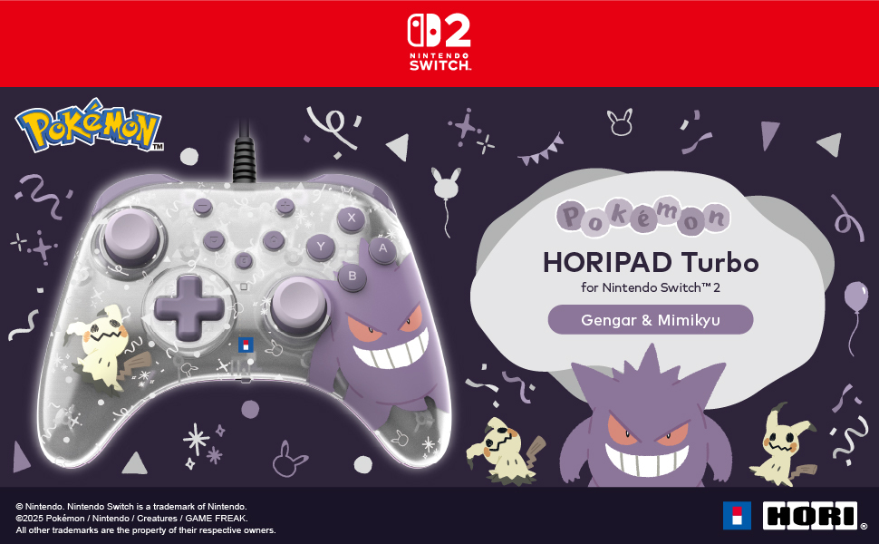 Ein Nintendo Switch-Controller mit lila und weißem Design, mit Gengar und Mimikyu. Die Box hat einen roten oberen Teil und einen lila Hintergrund.