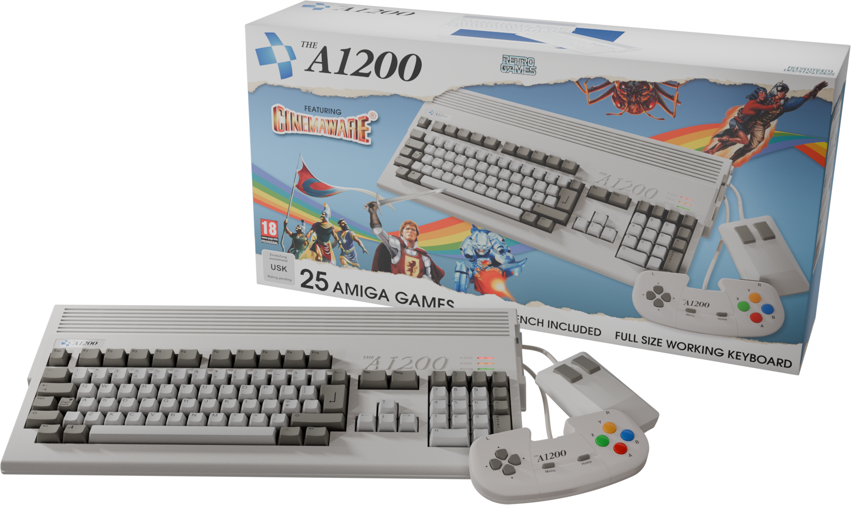 Un ensemble informatique A1200 avec clavier, souris et joystick. La boîte montre un clavier et des personnages de jeu.