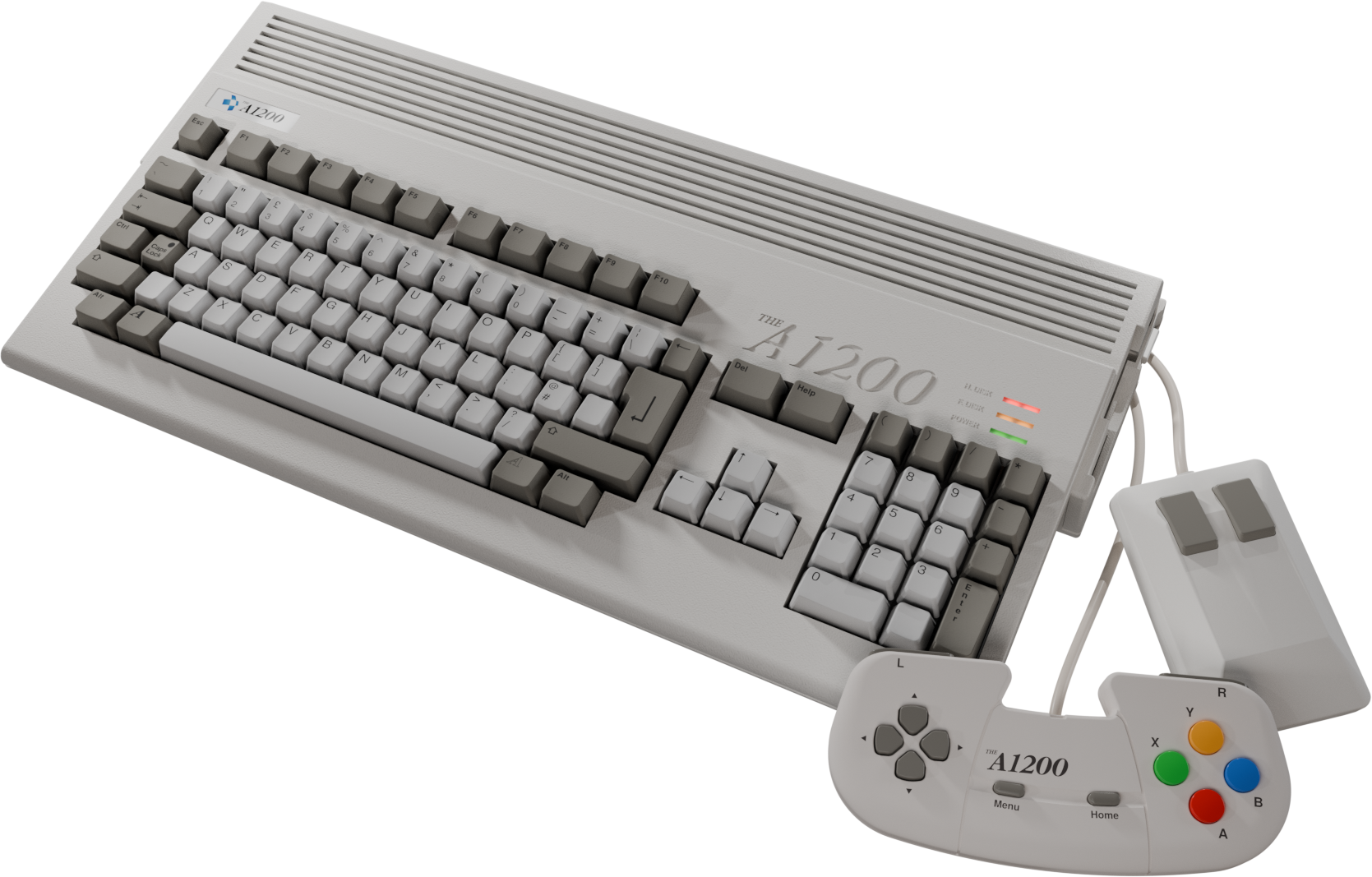 Un ordinateur A1200 avec clavier, souris et manette de jeu. Le clavier a des touches grises, la manette des boutons colorés.