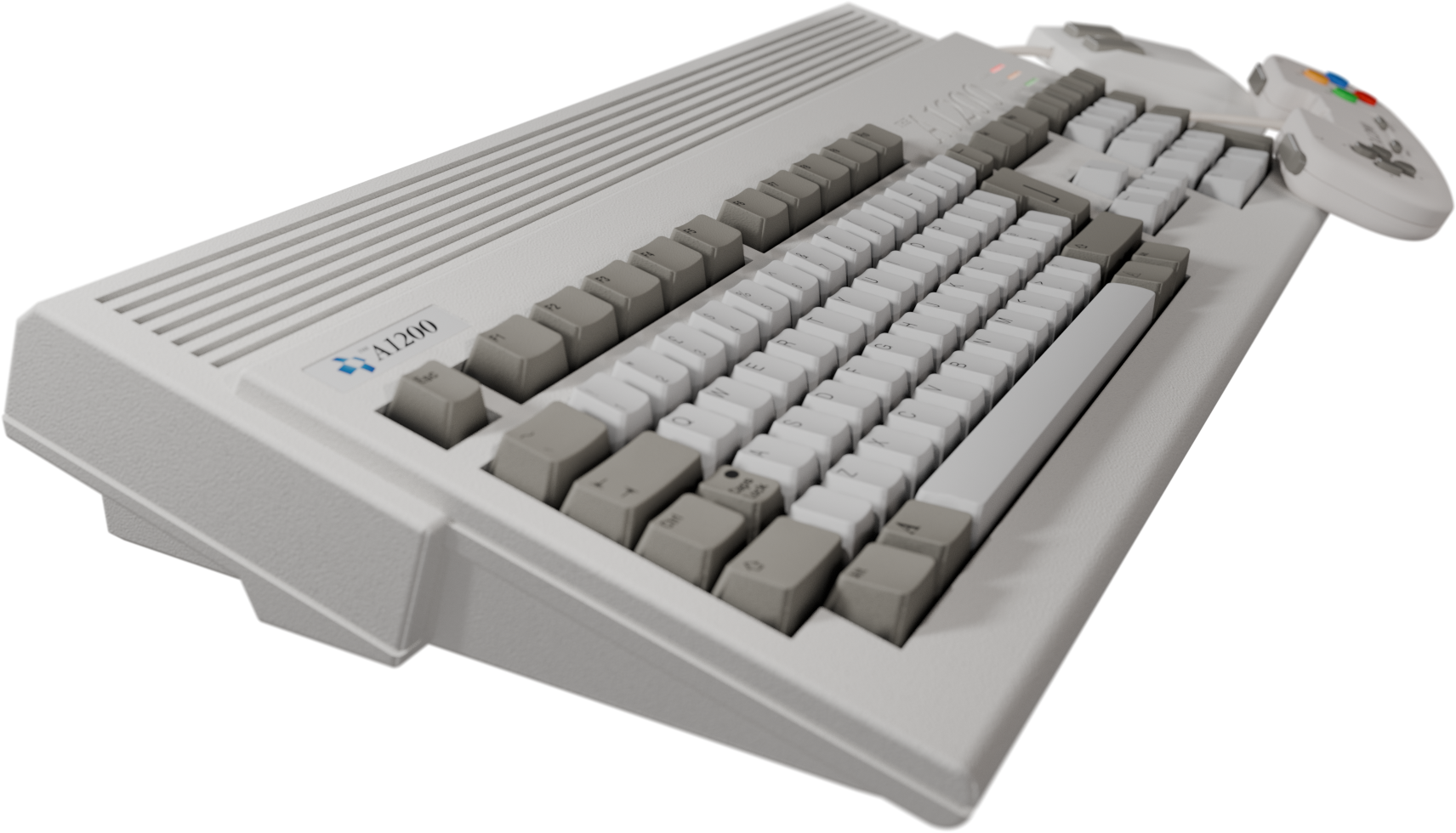 Un clavier d'ordinateur blanc avec des touches grises, une manette de jeu et un logo A1200 sont visibles sur fond noir.