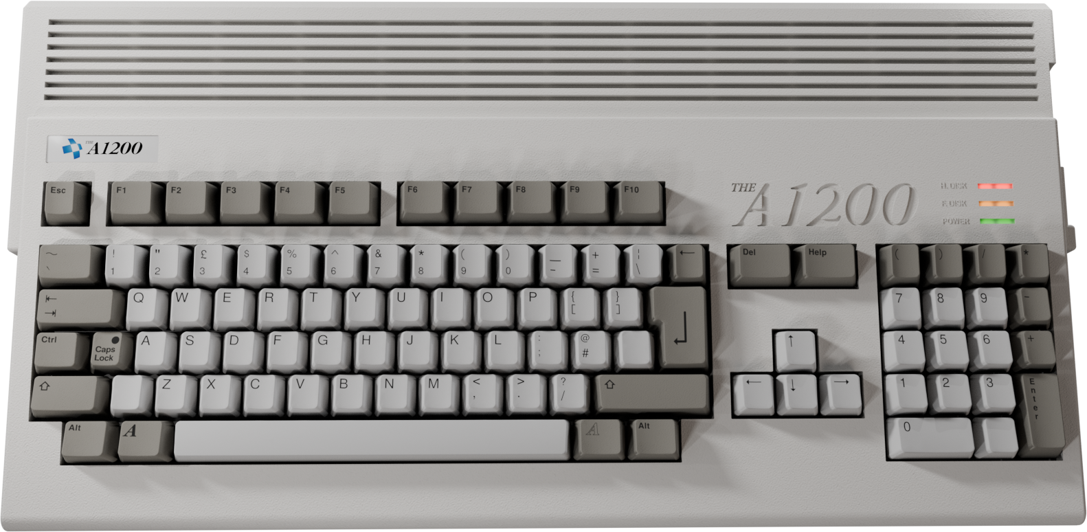 Un ordinateur Amiga 1200. Il est gris, avec un clavier et des touches de fonction, un pavé numérique et des voyants.