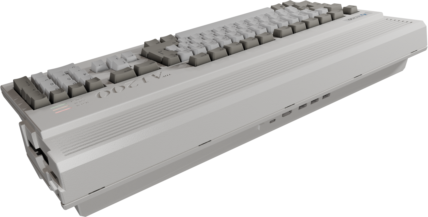 Un clavier d'ordinateur, gris clair avec des touches blanches et grises, sur fond noir. Le clavier est incliné.
