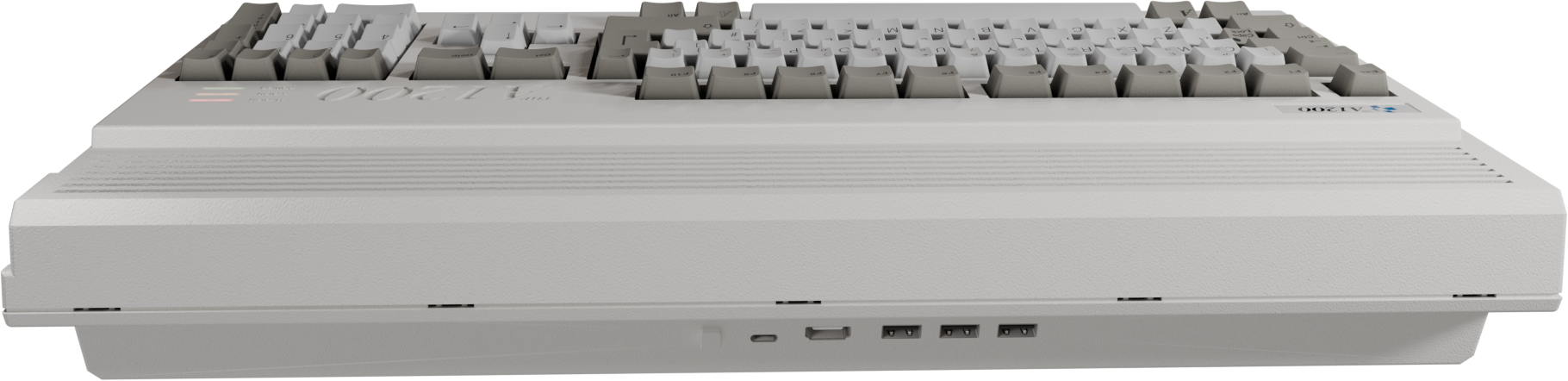 Un clavier d'ordinateur, de couleur gris clair. Les touches sont blanches et grises. Le clavier est sur fond noir.