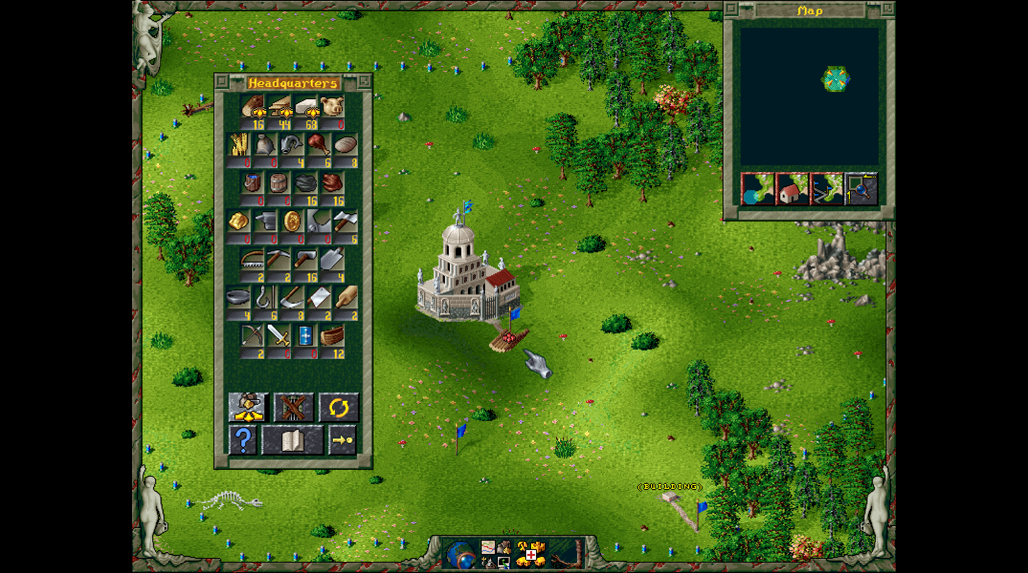 L'interface d'un jeu de stratégie montre un bâtiment, des ressources et une carte sur un paysage vert avec des arbres et un curseur main.