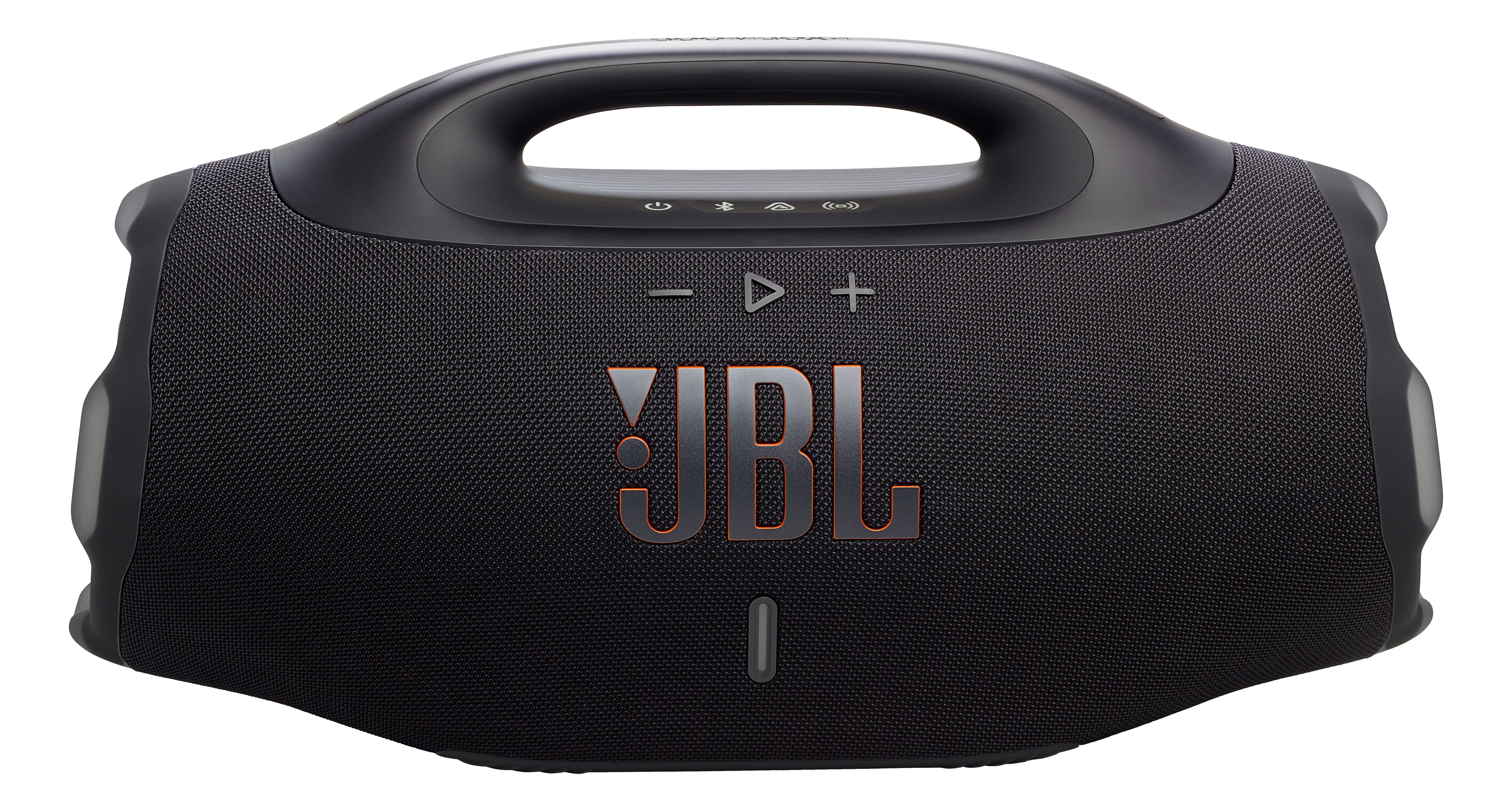 Haut-parleur JBL noir avec poignée. Avec commandes de volume, d'alimentation et Bluetooth. Le logo JBL est visible.