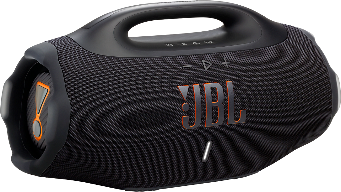 Une boombox JBL noire avec le logo et les accents orange JBL. Elle a une poignée et des boutons de contrôle.