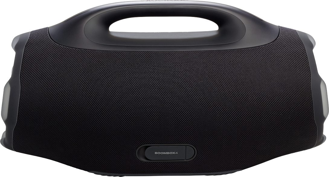 Haut-parleur Boombox 4 noir avec poignée, maillage de tissu et un petit panneau de contrôle en bas, isolé sur fond blanc.