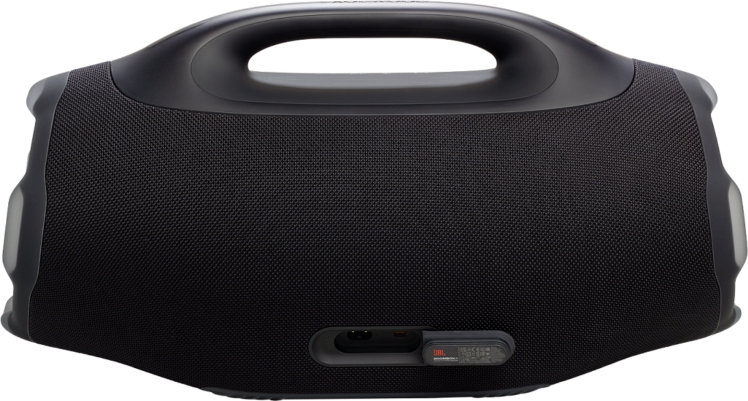 Une enceinte JBL Boombox noire, avec une poignée sur le dessus. Il a un tissu texturé recouvrant la plupart de sa surface.