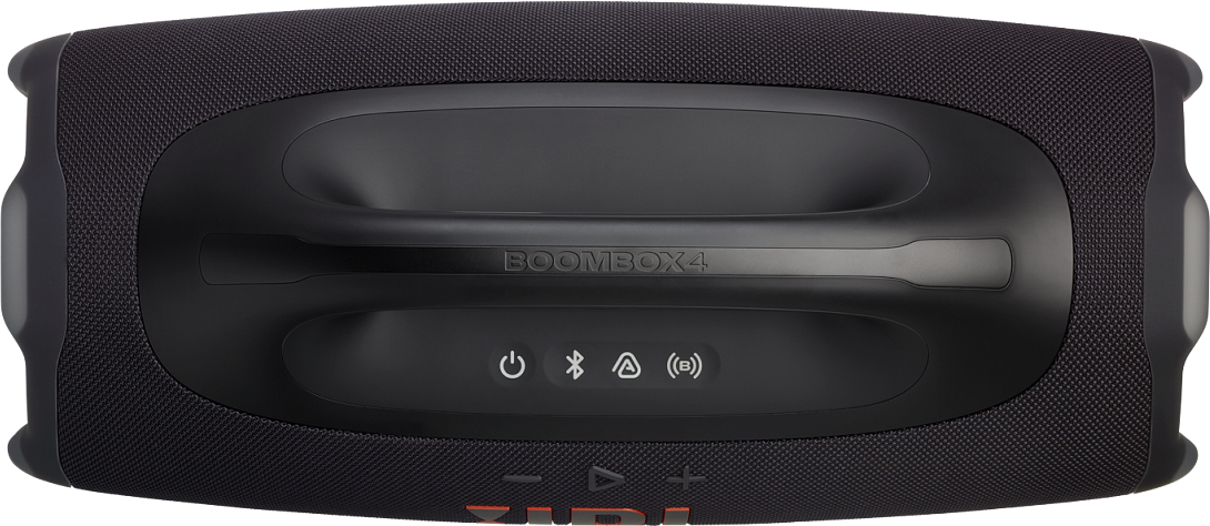 Enceinte noire JBL Boombox 4. Vue de dessus avec poignée et boutons de commande. Texte 'BOOMBOX4' visible.