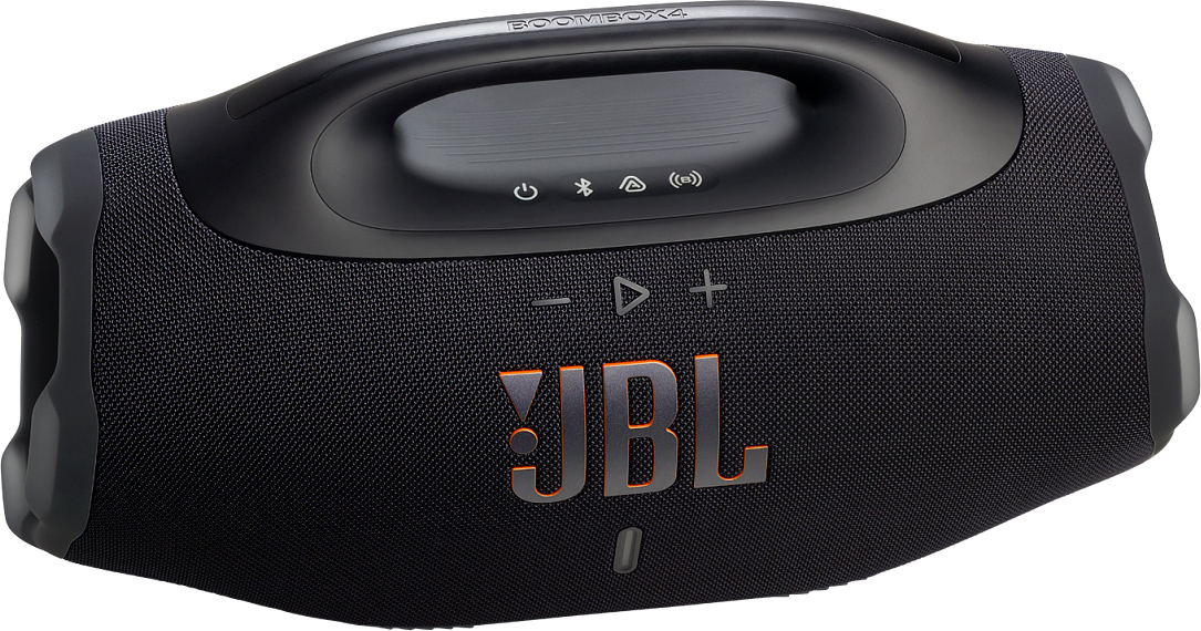 Haut-parleur JBL Boombox 4 noir. Il a une poignée, des boutons de commande et le logo JBL en orange. Le tissu en maille recouvre le haut-parleur.