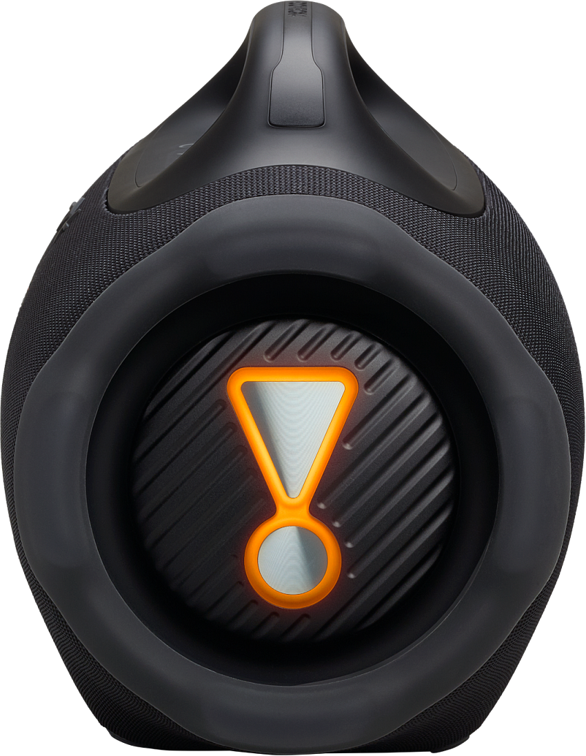 Haut-parleur JBL noir avec logo orange illuminé. Poignée sur le dessus. Grille de haut-parleur circulaire avec un motif texturé.