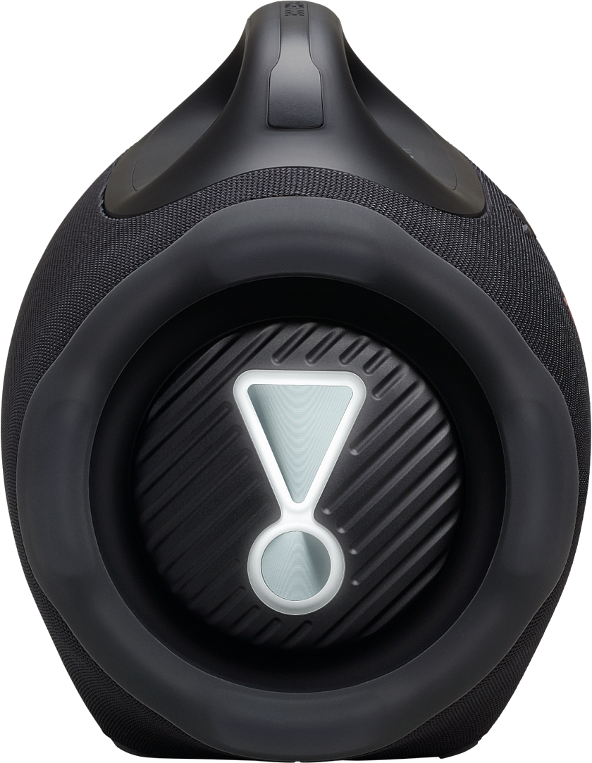 Haut-parleur JBL noir avec un logo blanc et gris, une poignée sur le dessus et une grille de haut-parleur texturée. Le fond est noir.