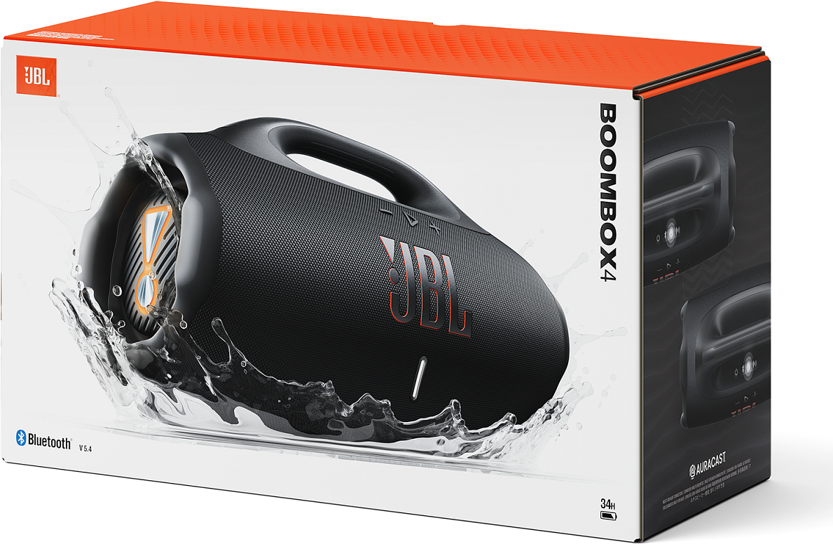 Enceinte JBL Boombox 4 dans une boîte. Enceinte noire avec éclaboussures d'eau. Boîte orange et noire.