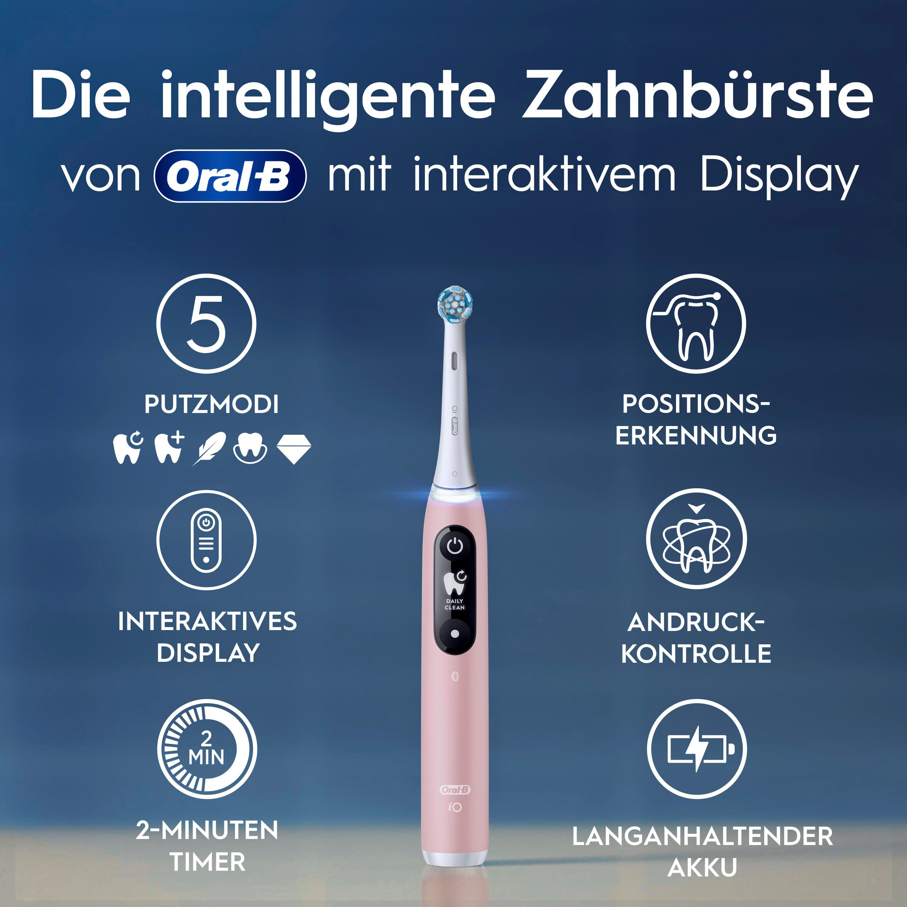 Pinke elektrische Zahnbürste Oral-B iO mit Display, Icons für Modi, Timer, Positionserkennung, und Akku.