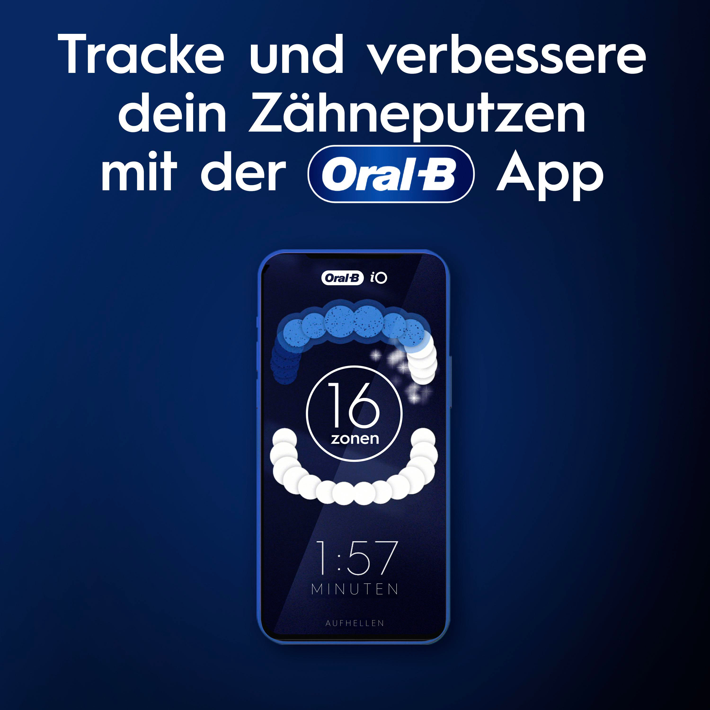 Das Bild zeigt ein Telefon mit einer App zum Zähneputzen. Text lautet: Tracke dein Zähneputzen mit der Oral-B App.