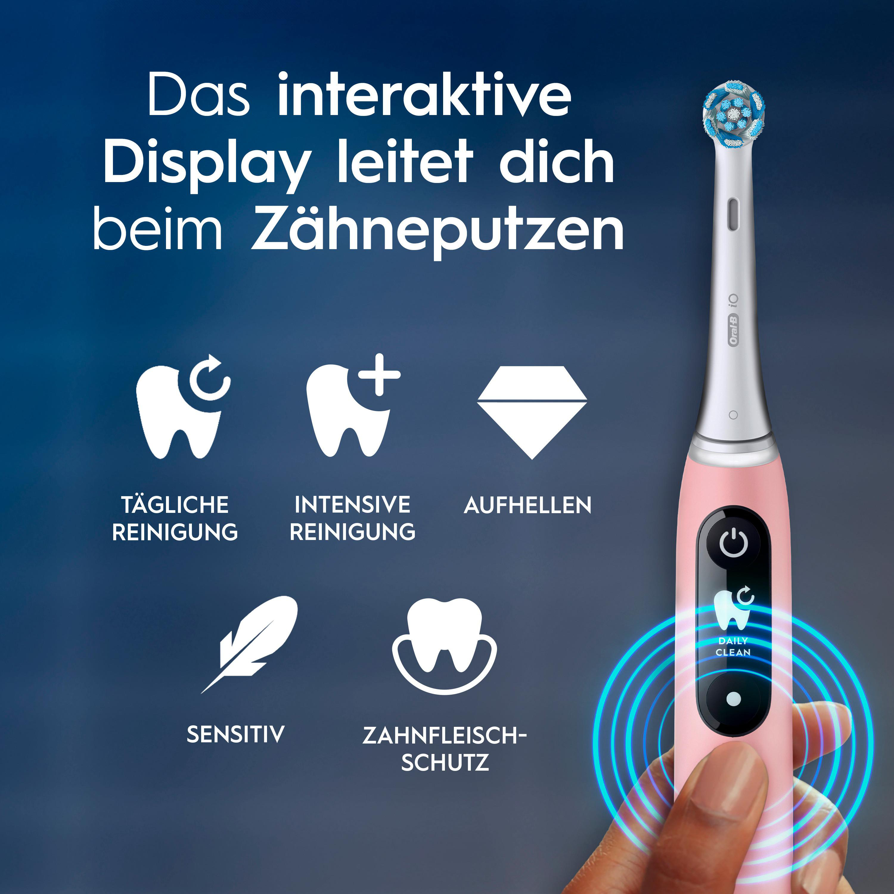 Rosa elektrische Zahnbürste mit Display, gehalten von einer Hand. Symbole für Reinigungsmodi werden angezeigt.