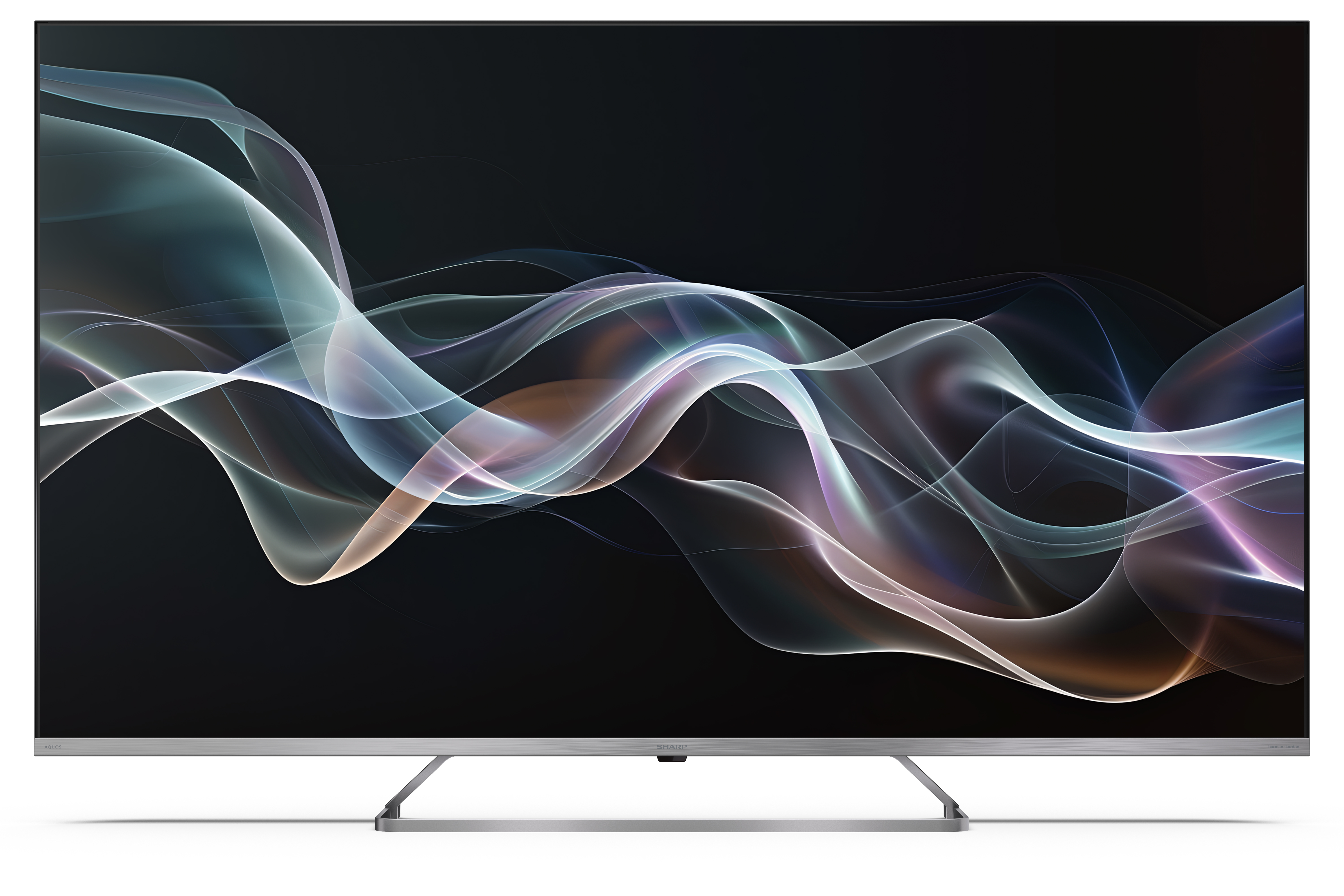 A TV képernyője fehér, kék és lila színű, áramló, absztrakt mintát jelenít meg fekete háttér előtt. A TV ezüstszínű.
