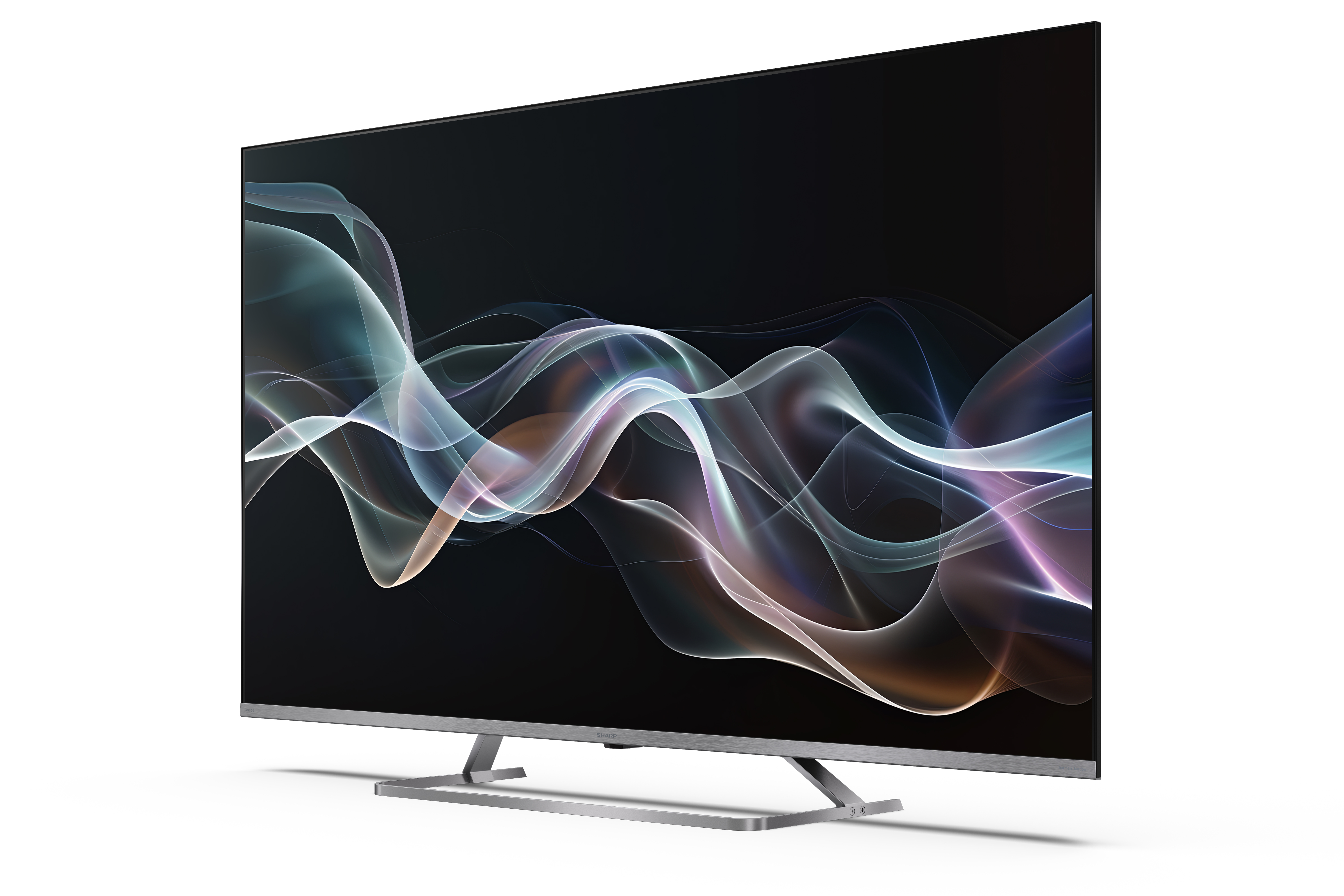 Modern TV fekete képernyővel, színes folyó vonalakkal. Fehér felületen van elhelyezve.