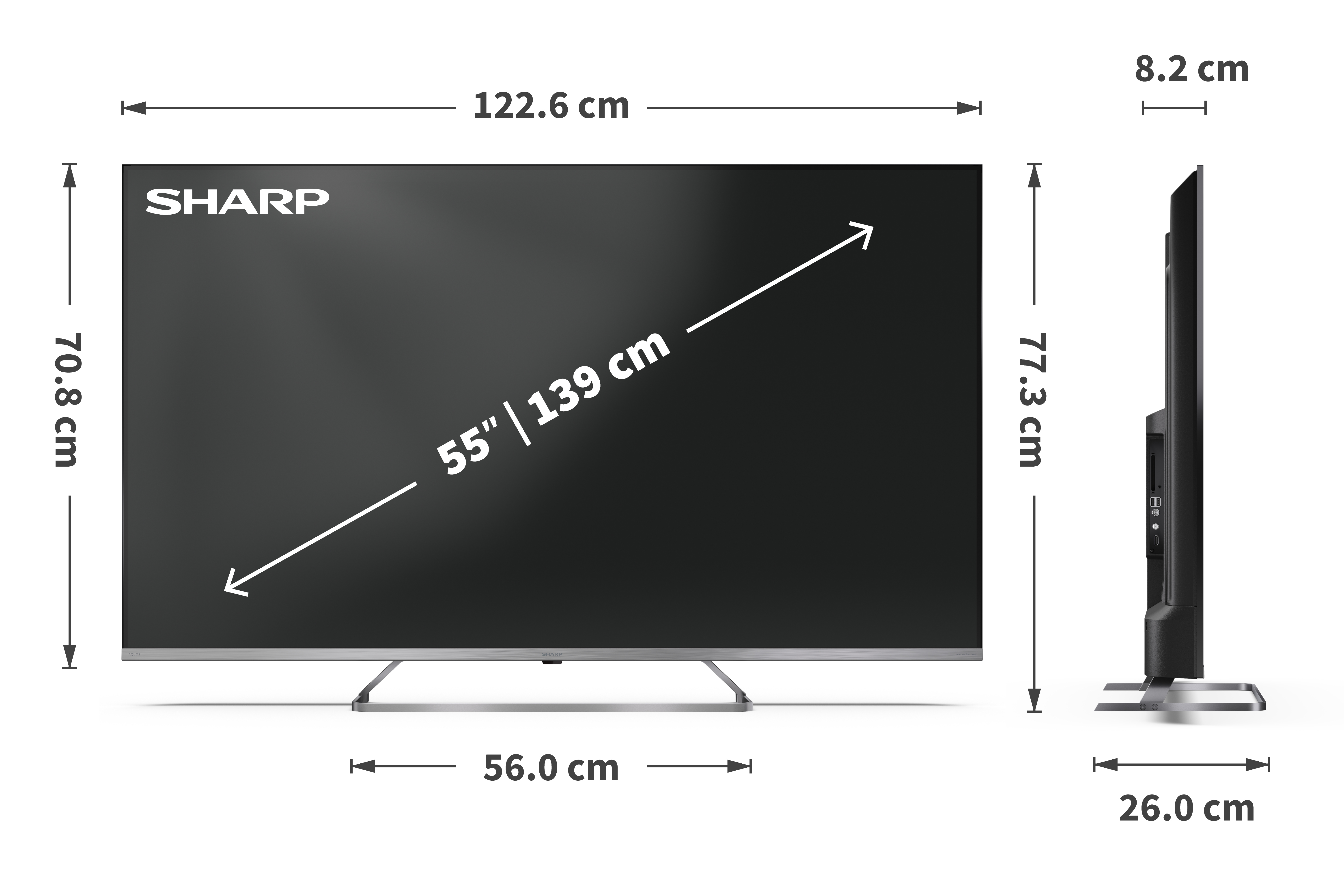 Egy Sharp 55 hüvelykes TV feliratozott méretekkel. Elölnézet és oldalsó nézet cm-ben megadott méretekkel.