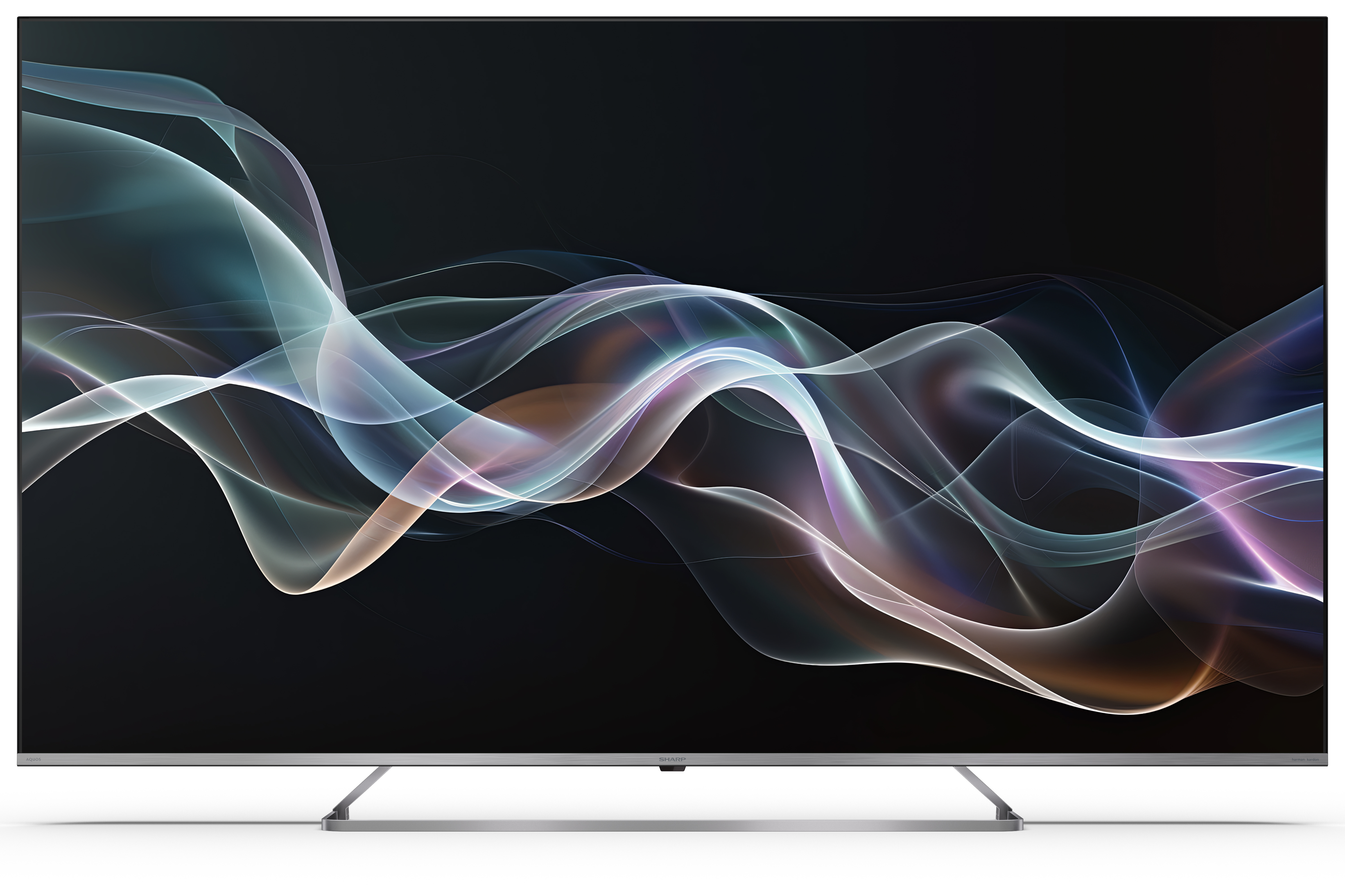 A TV-képernyő egy absztrakt, hullámos dizájnt jelenít meg kék, fehér és lila színekben, fekete háttér előtt. A TV ezüst állvánnyal rendelkezik.
