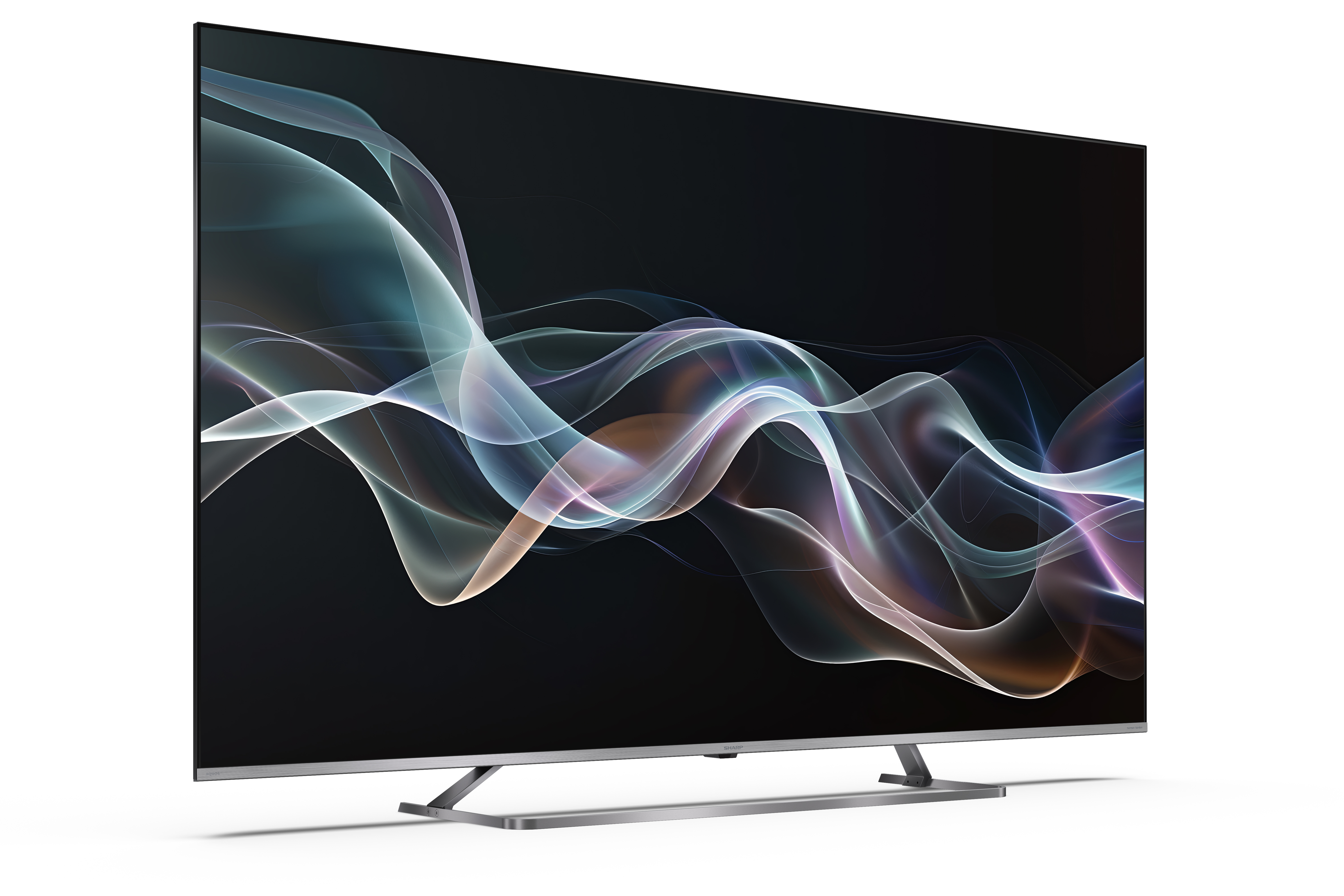Egy modern TV absztrakt dizájnt jelenít meg, színes, folyó vonalakkal fekete háttér előtt. Ezüst lábai vannak.