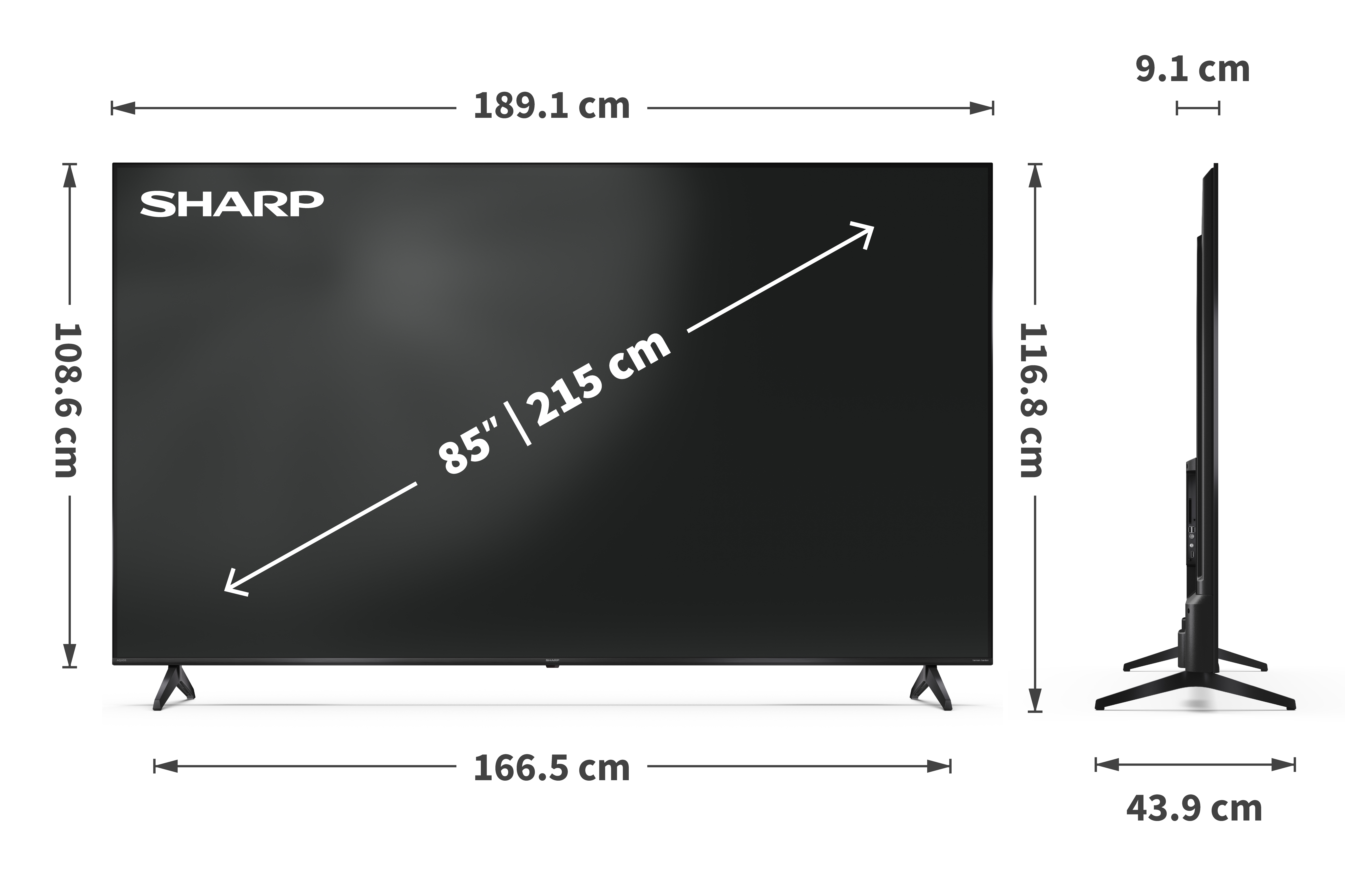 Fekete Sharp TV. Méretek láthatók. A képernyő mérete 85 hüvelyk (215 cm).